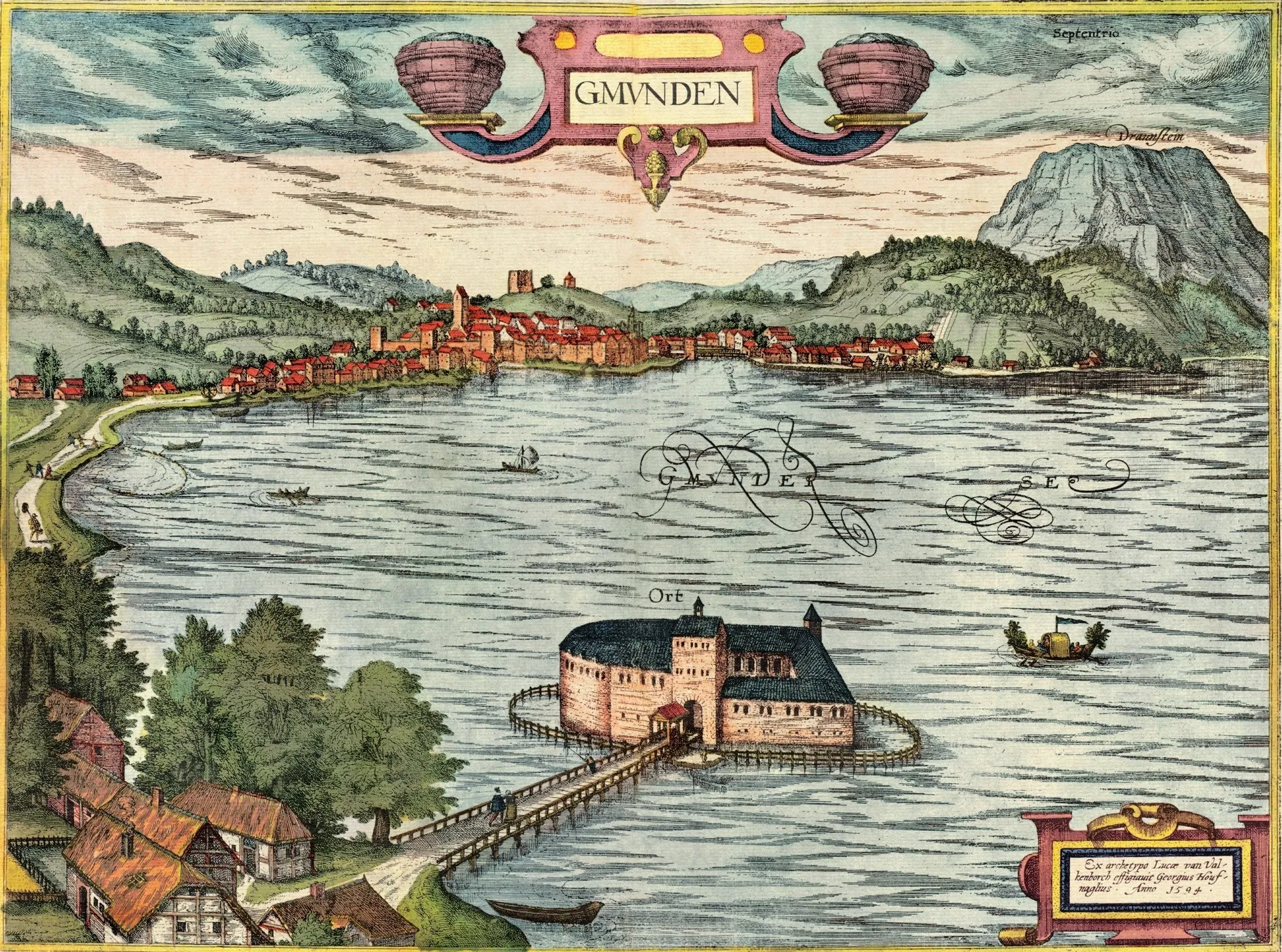 Photo showing: Stadtansicht Gmunden aus Civitates Orbis Terrarum. Band V (1598) von Braun & Hogenberg