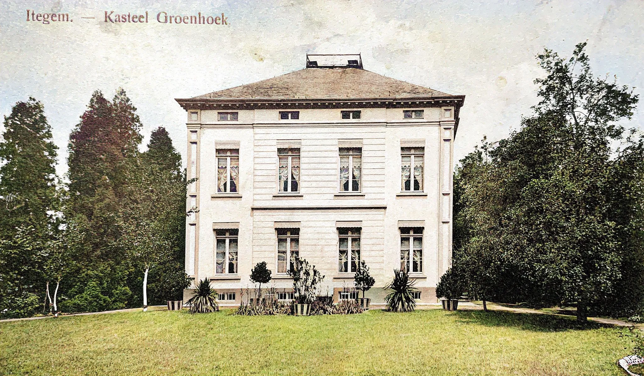 Photo showing: Postkaart van Kasteel Groenhoek gemaakt door Leopold Laeremans, omstreeks Wereldoorlog I. Destijds was het huis bezit van Ovide Heylen.