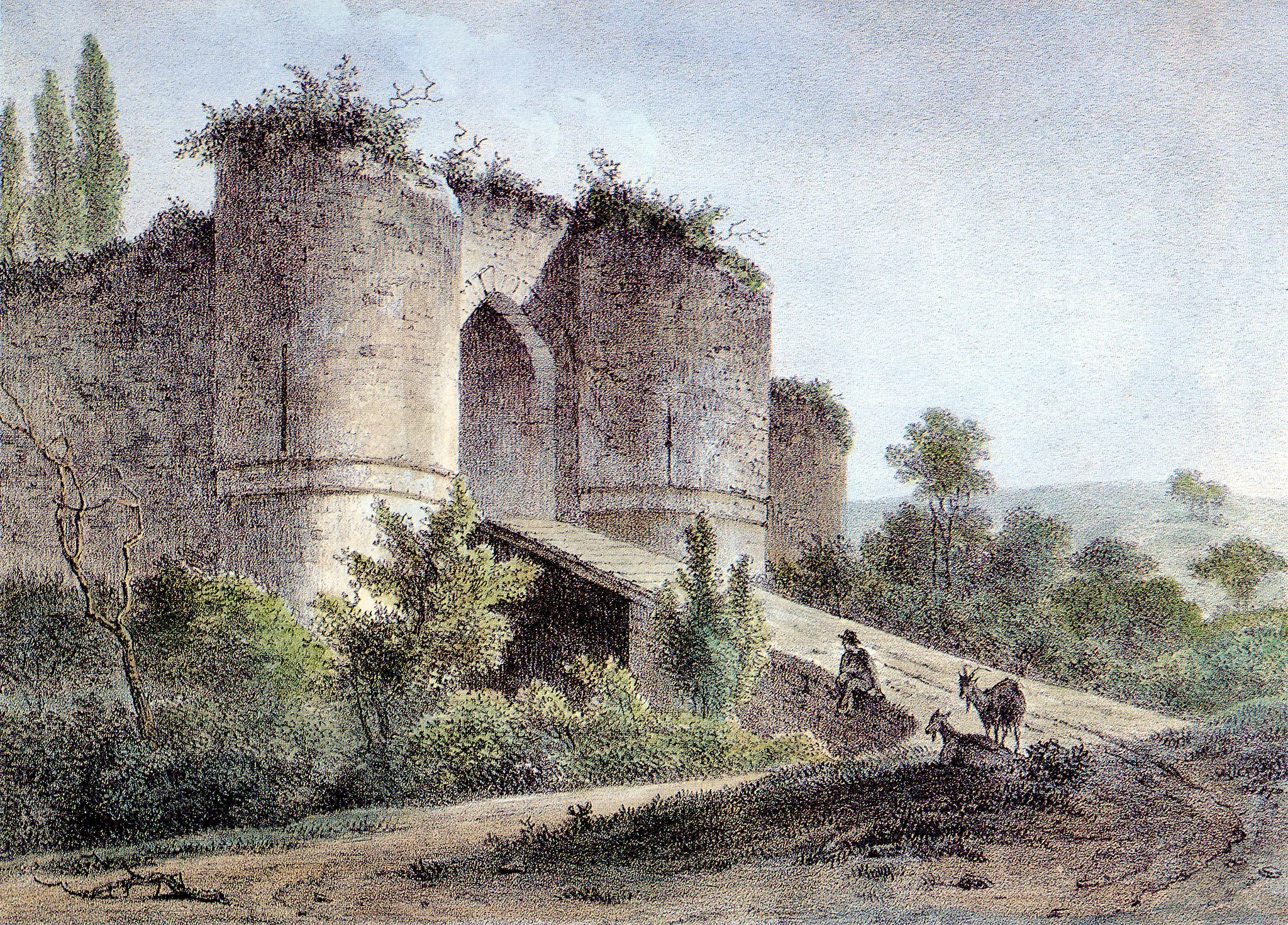 Photo showing: Colored engraving of the ruined château de la Royère in Néchin (Estaimpuis)