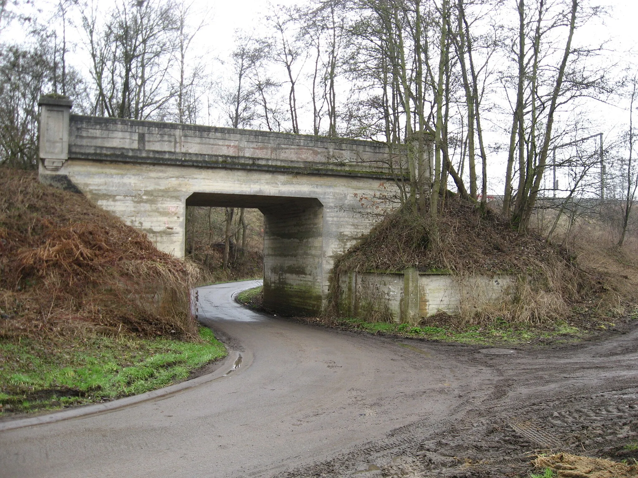 Photo showing: Disused railway bridge by Essene-Lombeek. Was carrying the single connecting line curve between the old line Brussel Nord - Denderleeuw and the expresline 50A Brussel South - Ghent. This connection was no longer used when the Brussel North South line opened.  In the background the expresline Brussels Midi - Ghent