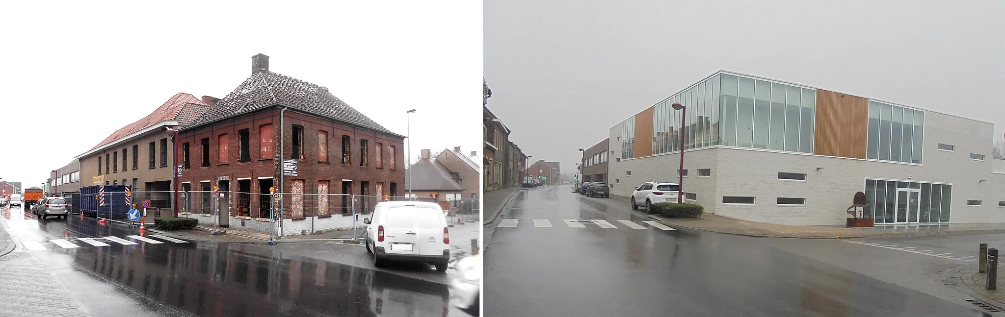 Photo showing: Vergelijkende foto's uit 2016 en 2017 van de school in de Kloosterstraat - Koolskamp - Ardooie - West-Vlaanderen - België.