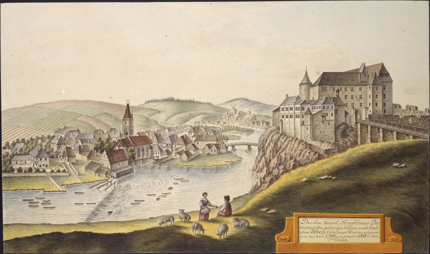 Photo showing: Hrad Ledeč Nad Sázavou. Das dem Kaiserl. Hradcziner Damenstifte gehörige Schloss und Staedtchen Ledecz Czaslauer Kreises, aufgenommen im Jahre 1796 und gemahlt 1811 v. Joan. Venuto