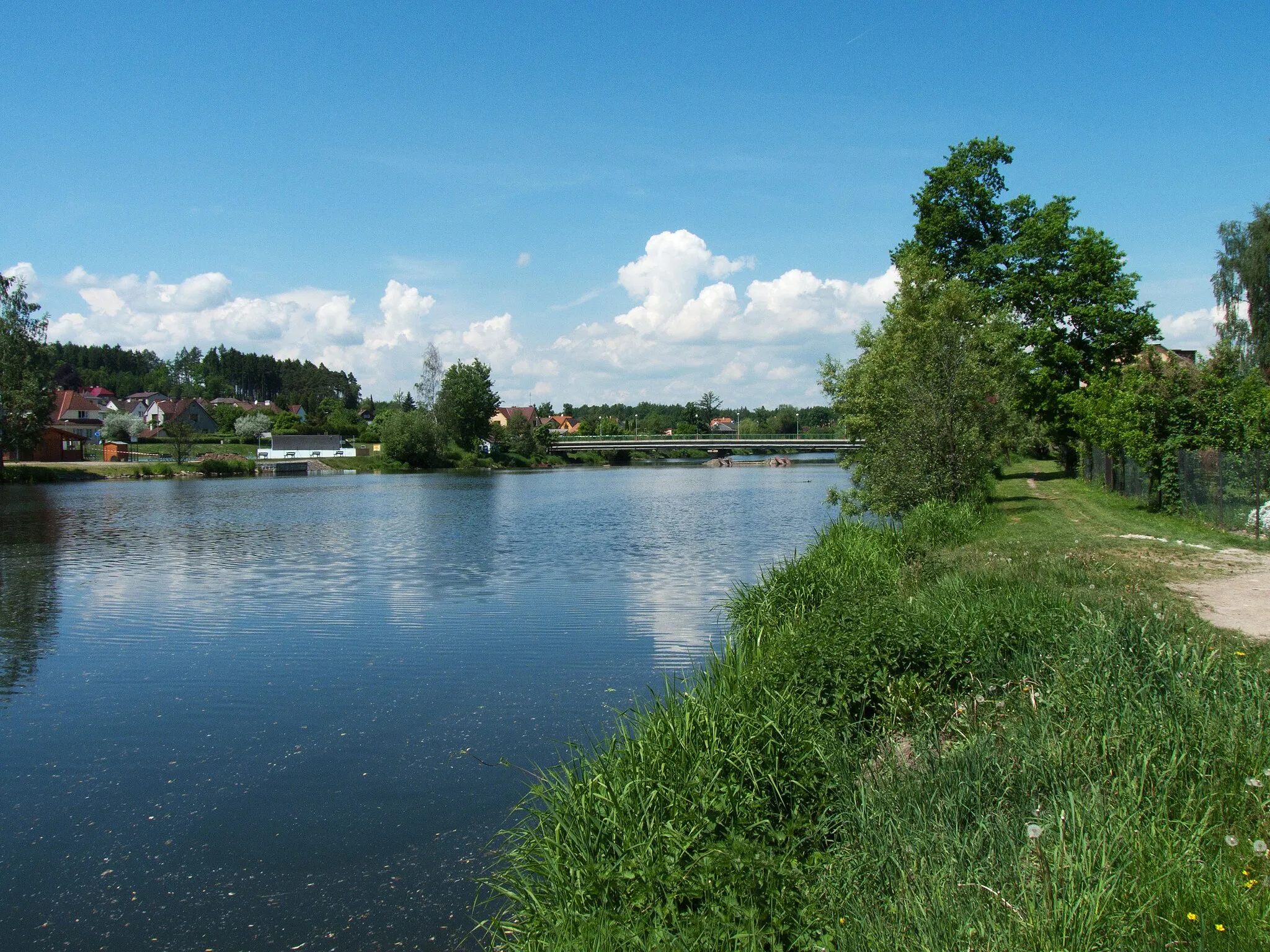 Photo showing: Northbound view of the Lužnice river in the town of Planá nad Lužnicí|Planá nad Lužnicí, Tábor District, Czech Republic.