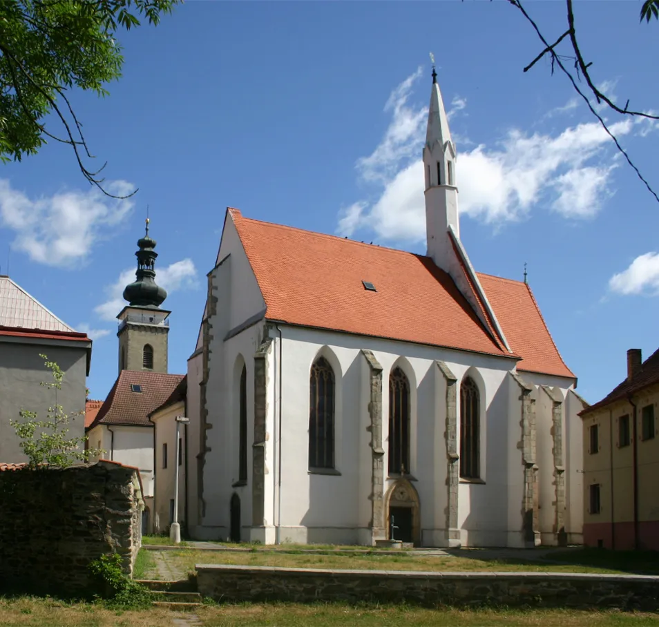 Photo showing: St Vitus church in Soběslav with tower of SS Peter and Paul church in the background