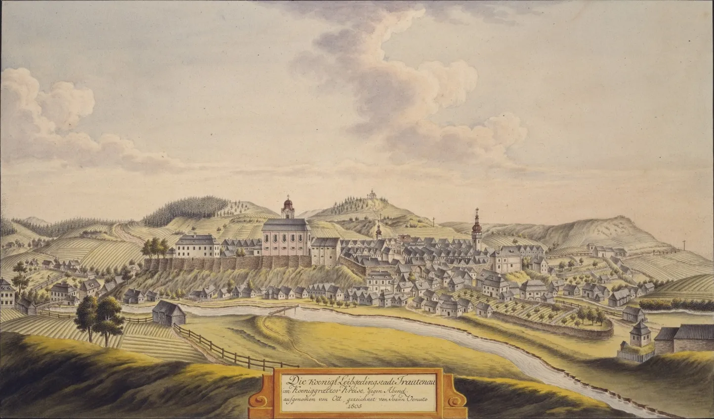 Photo showing: Trutnov. Die koenigl. Leibgedingstadt Trautenau im Koeniggraetzer Kreise, gegen Abend. aufgenommen von Ott, gezeichnet von Joann Venuto 1805