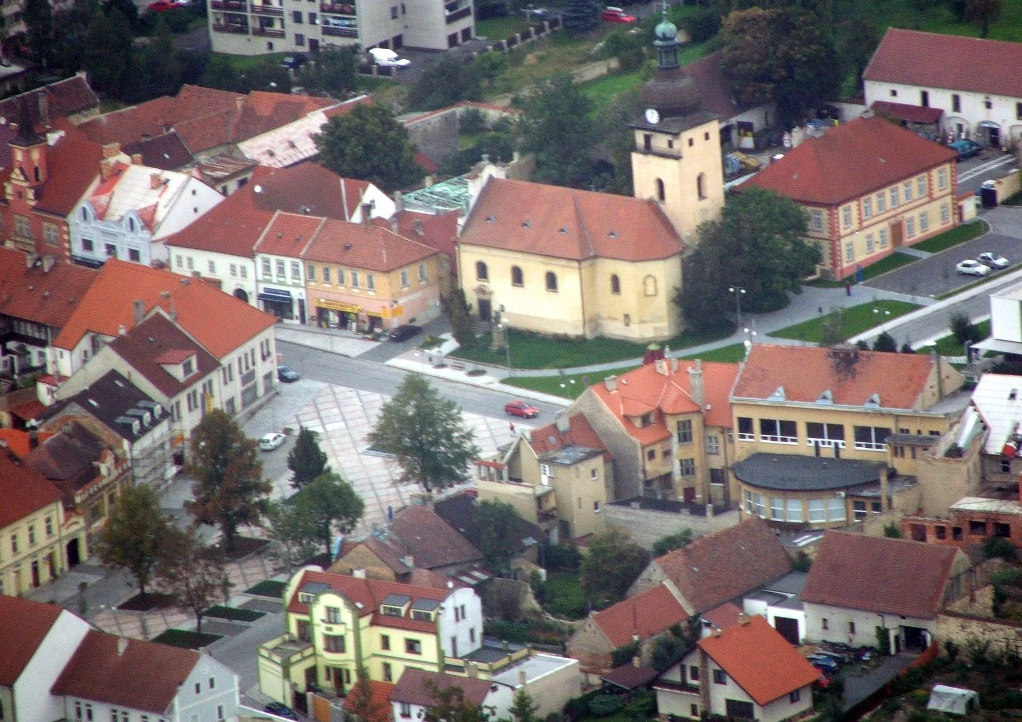 Photo showing: Aerial view of the center in Unhošť, Czechia shortly before landing at Prague Airport.