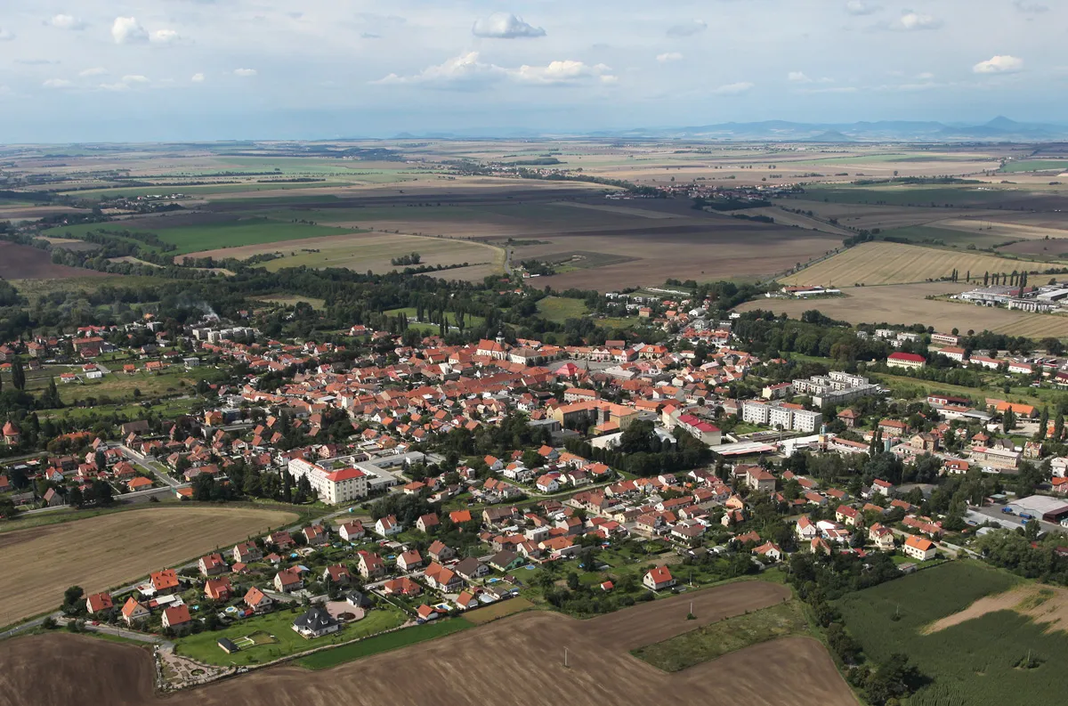 Photo showing: center of small town Velvary, Czech Republic - aerial view from the southeast