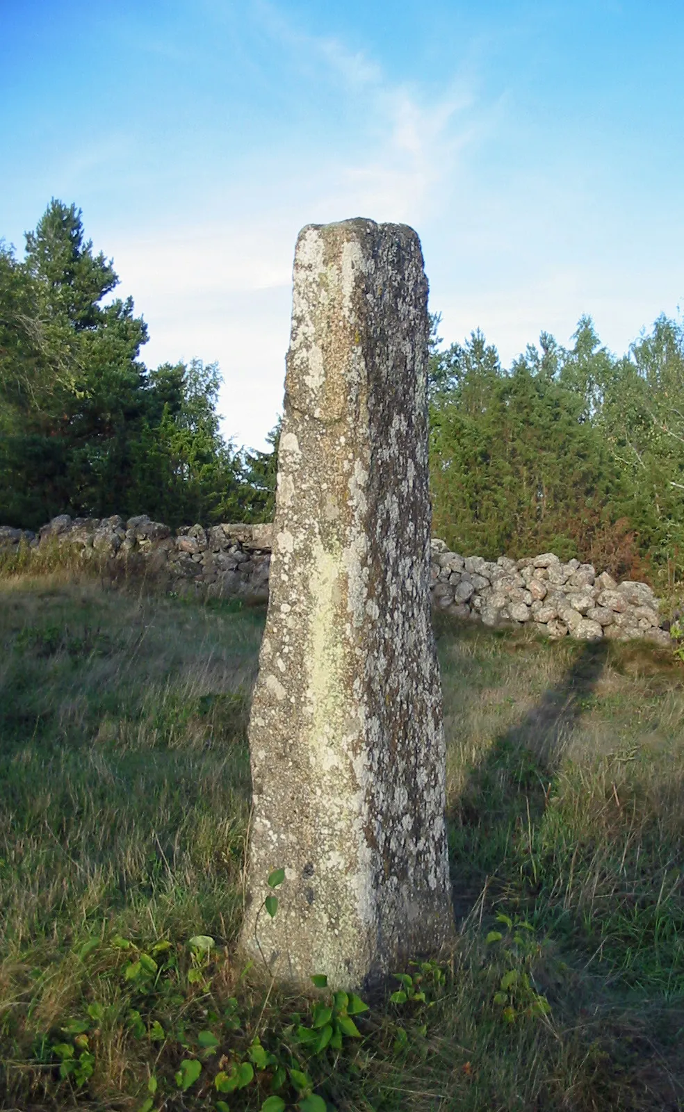 Photo showing: Kalevanpojan viikatteetikku, a tombstone in Untamala Churcyard, Laitila, Finland. According to folklore the stone was thrown there by an ancient giant, which were called with name "Kalevanpoika", but arcaelogical research has showhn that the stone is a grave memorial.