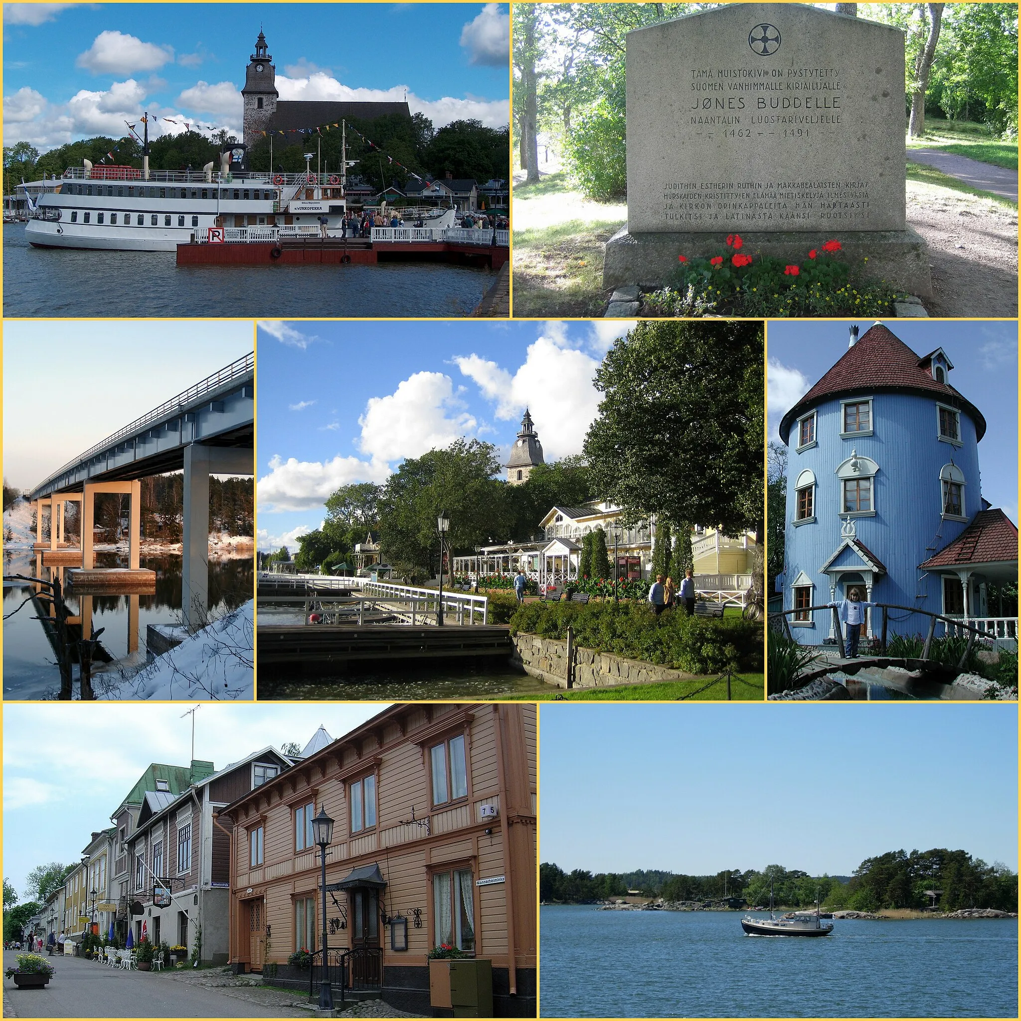 Photo showing: Images, from top, left to right:
Top left: Church of Naantali and SS Ukkopekka by 	Timo Renberg (GFDL)
Top right: Jöns Budde statue by Tomisti (GDFL)
Middle left: Särkänsalmi bridge by Markus Rantala (Makele-90) (CC-by-3.0)
Middle: the guest harbour and old city of Naantali by Tomisti (GFDL)
Middle right: Moomin's haus in Muumimaailma (Moominsland) by Pawel Drozd (Drozdp) (GDFL)
Bottom left: Naantali old city by Erno Miettinen (CC-by-2.0)
Bottom right: Archipelago of Naantali by Samuli Lintula