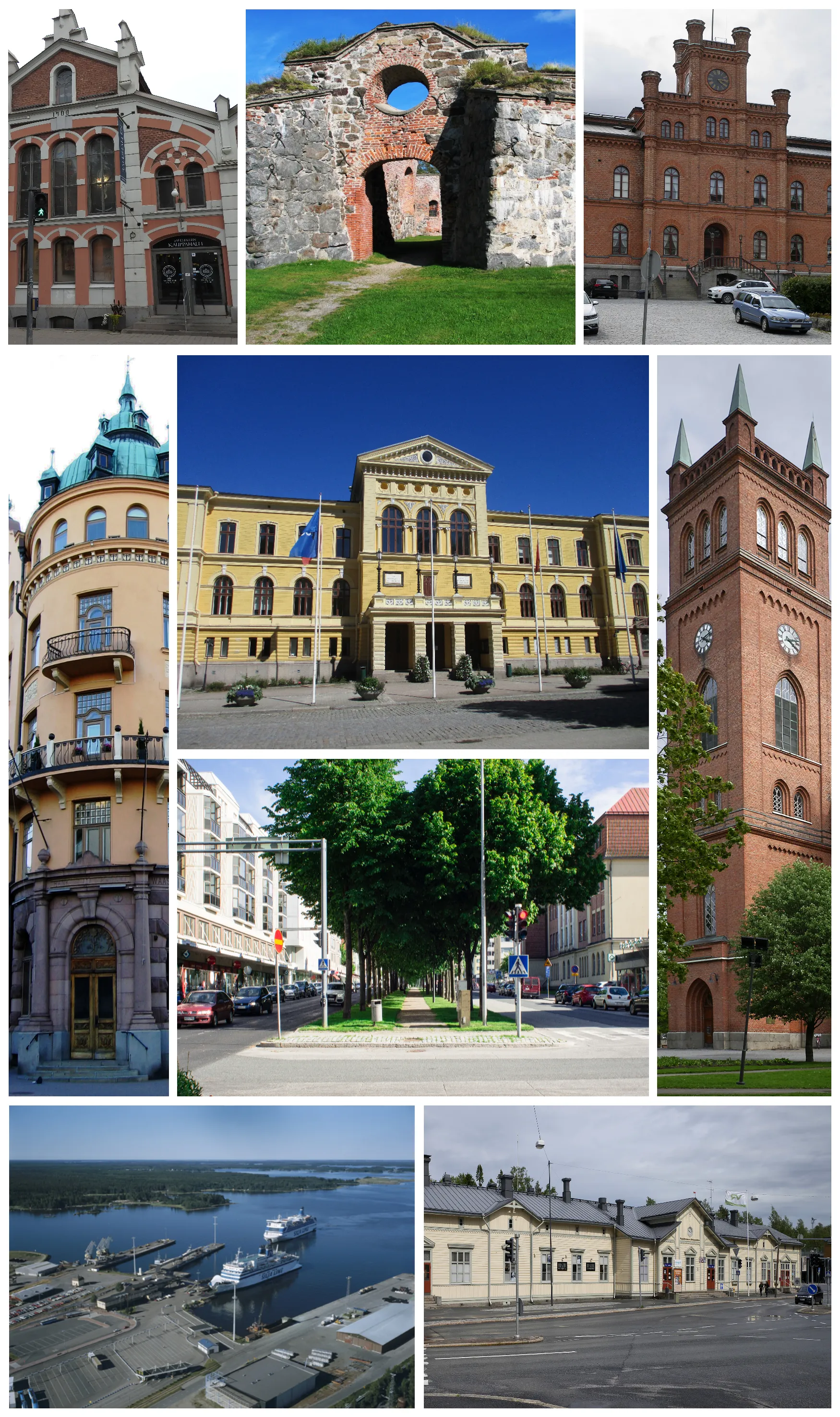 Photo showing: A montage of the city of Vaasa, Finland. Includes pictures (clockwise from top-left) of Vaasa Market Hall, the ruins of Saint Mary Church, the Court of Appeal, Vaasa Trinity Church, Vaasa railway station, the Port of Vaasa in Vaskiluoto, and Kurtenia House; and in the middle (from top to bottom) Vaasa City Hall, and the Kauppapuistikko esplanade