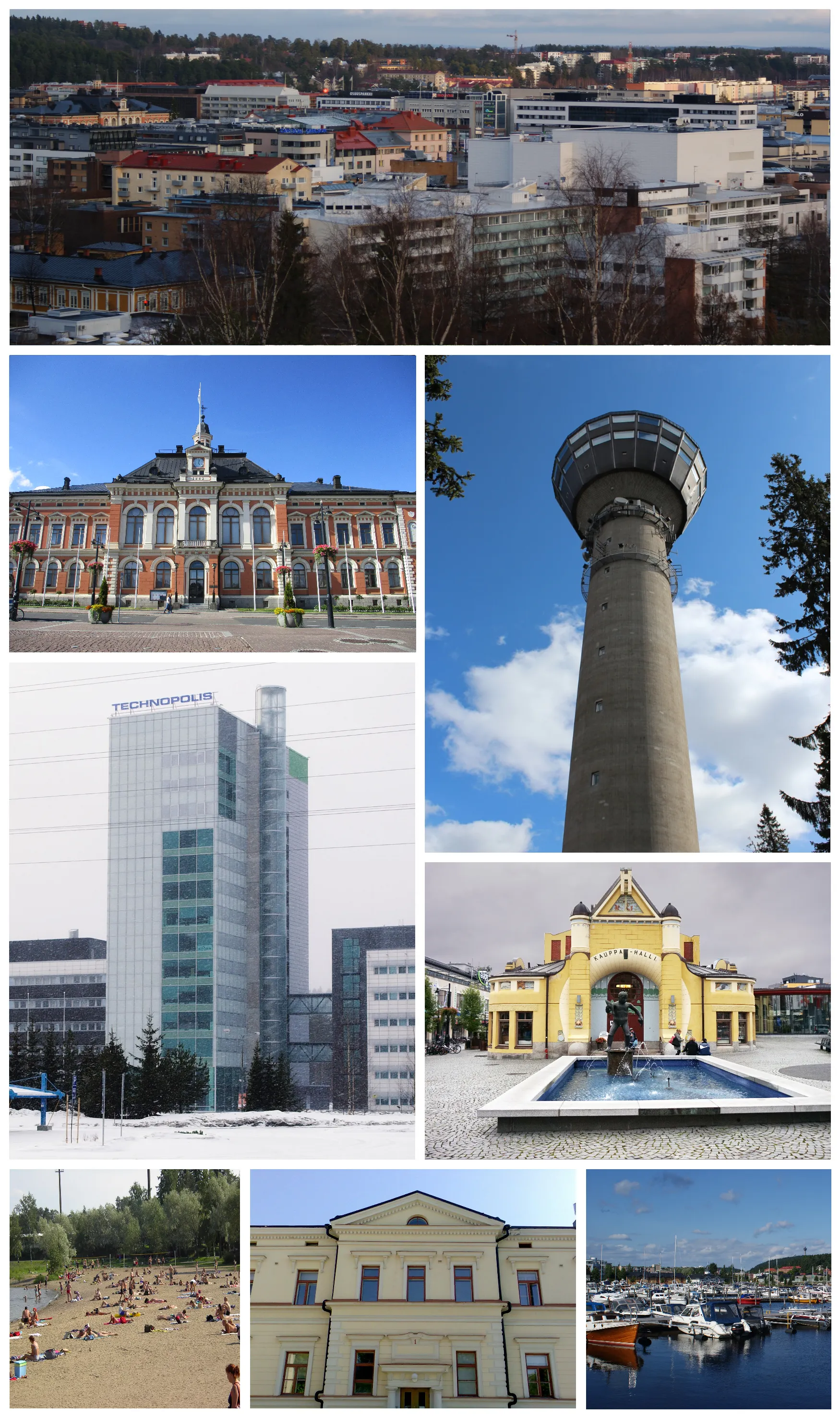 Photo showing: A montage of the city of Kuopio, Finland. Includes pictures (clockwise from top-left) of the cityscape of the center, the Puijo Tower, the Kuopio Market Hall, the Kuopio Marina, the Govenor Palace, the Väinölänniemi Beach, the Technopolis Microtower (part of the Technology Centre Teknia), and the Kuopio City Hall.