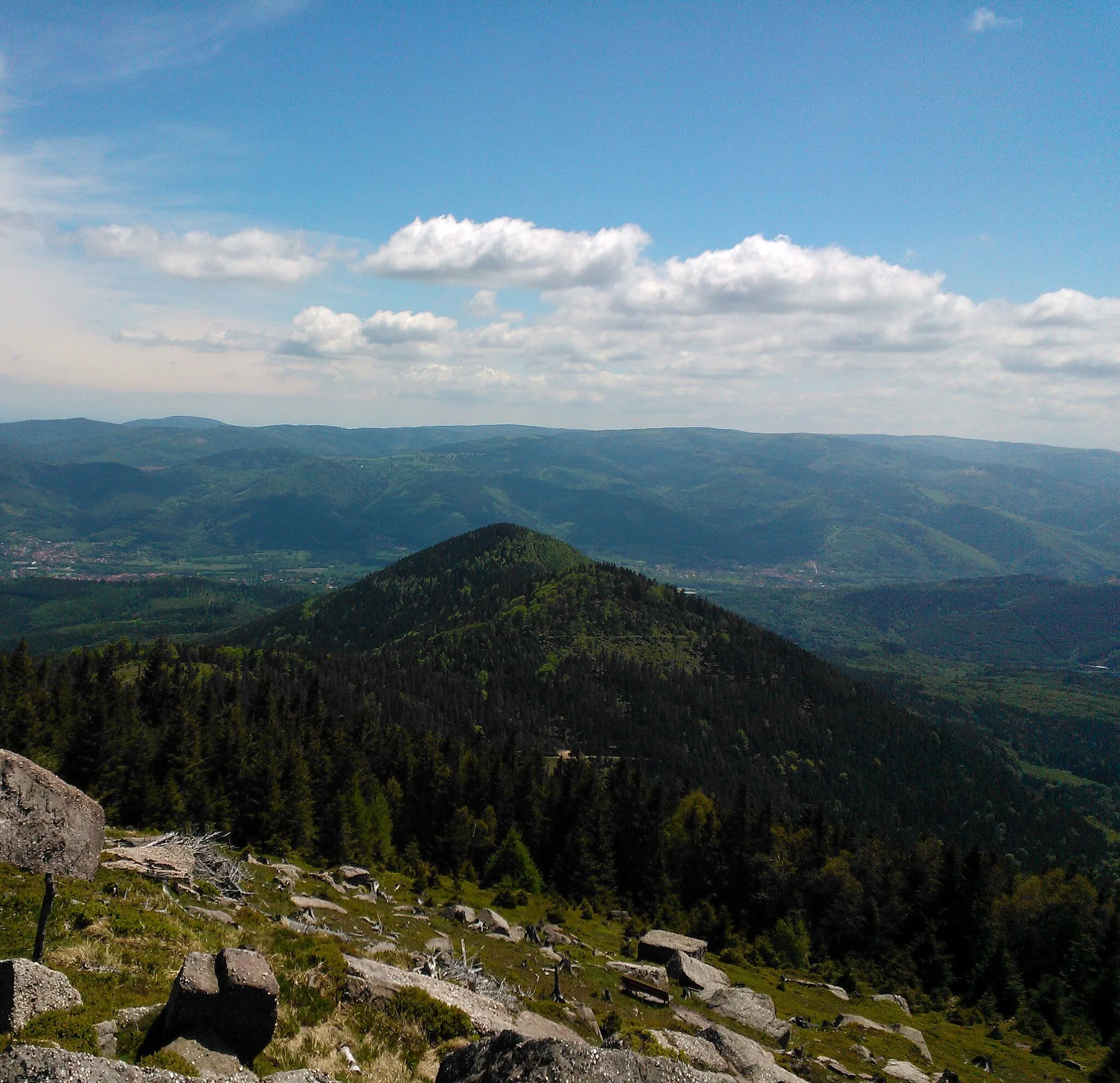 Photo showing: Le Langenberg (881m) depuis le Rocher de Mutzig (1010m). A gauche, Lutzelhouse puis Mulbach sur Bruche, à droite, Wisches.