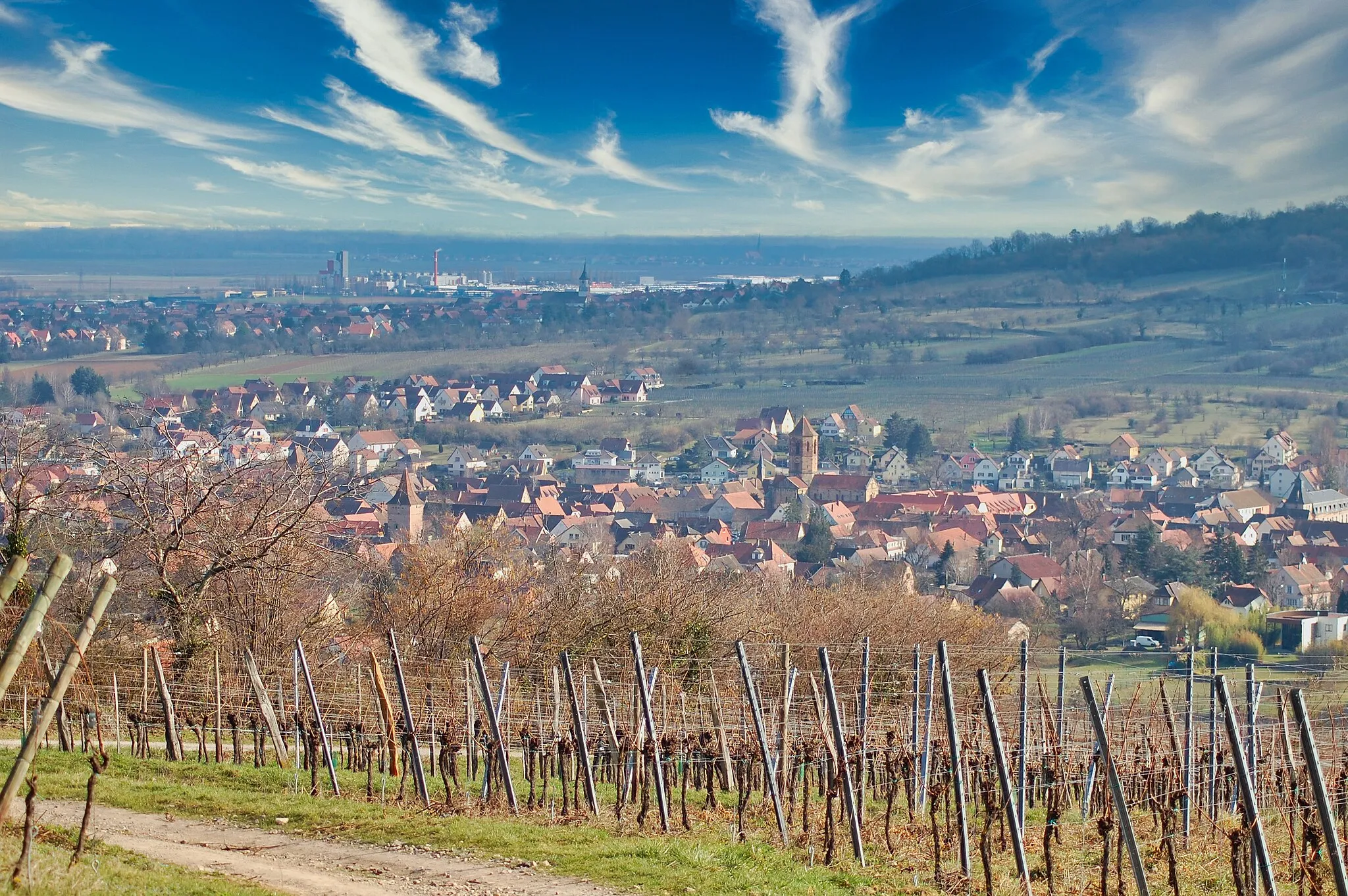 Photo showing: Rosheim in the center and the Kronenbourg beer factory of Obernai in the background.