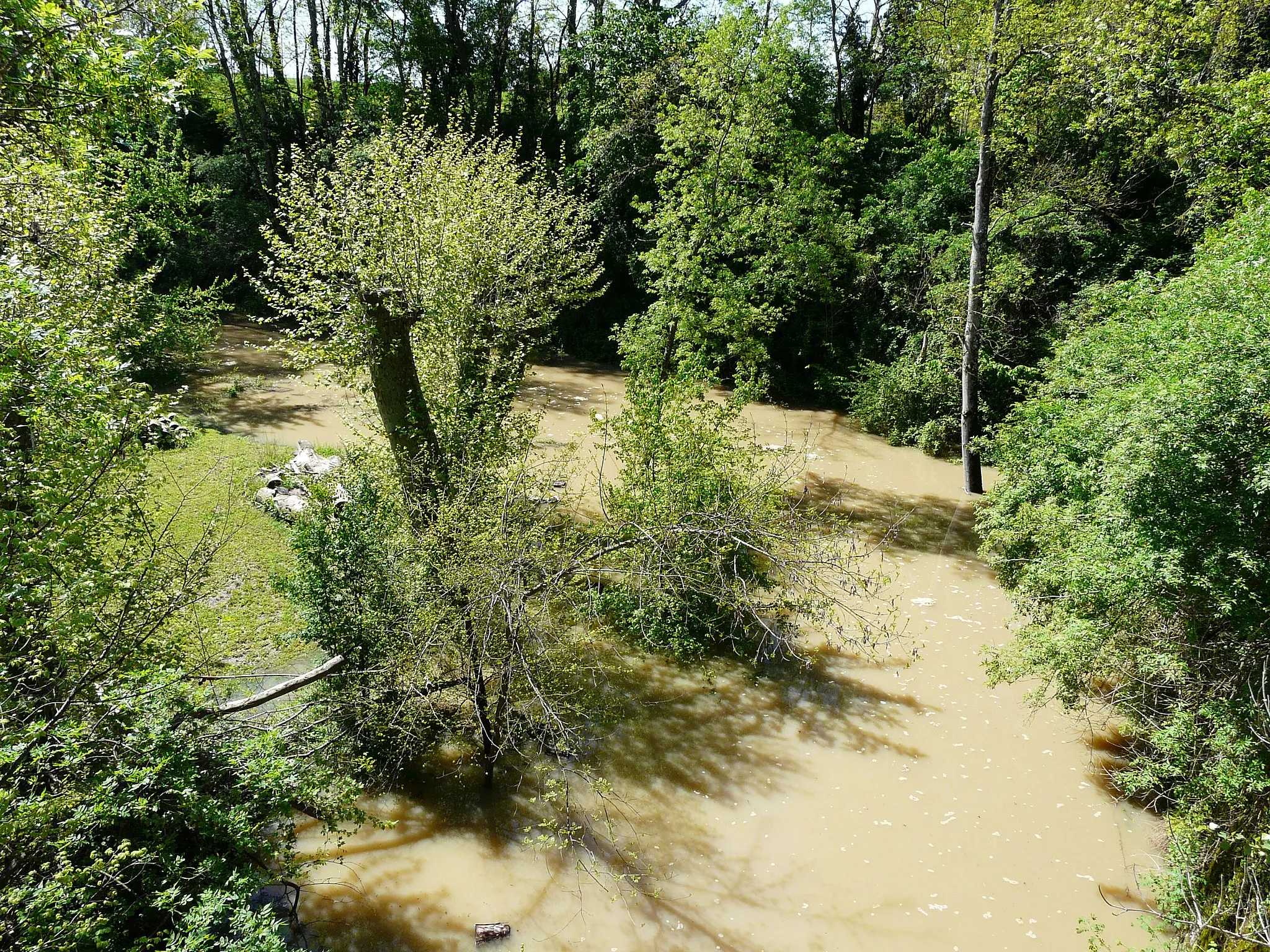 Photo showing: La Gardonnette en crue, en amont du pont de la route départementale 936, marque la limite entre Lamonzie-Saint-Martin (à gauche) et Gardonne (à droite) ; Dordogne, France.
