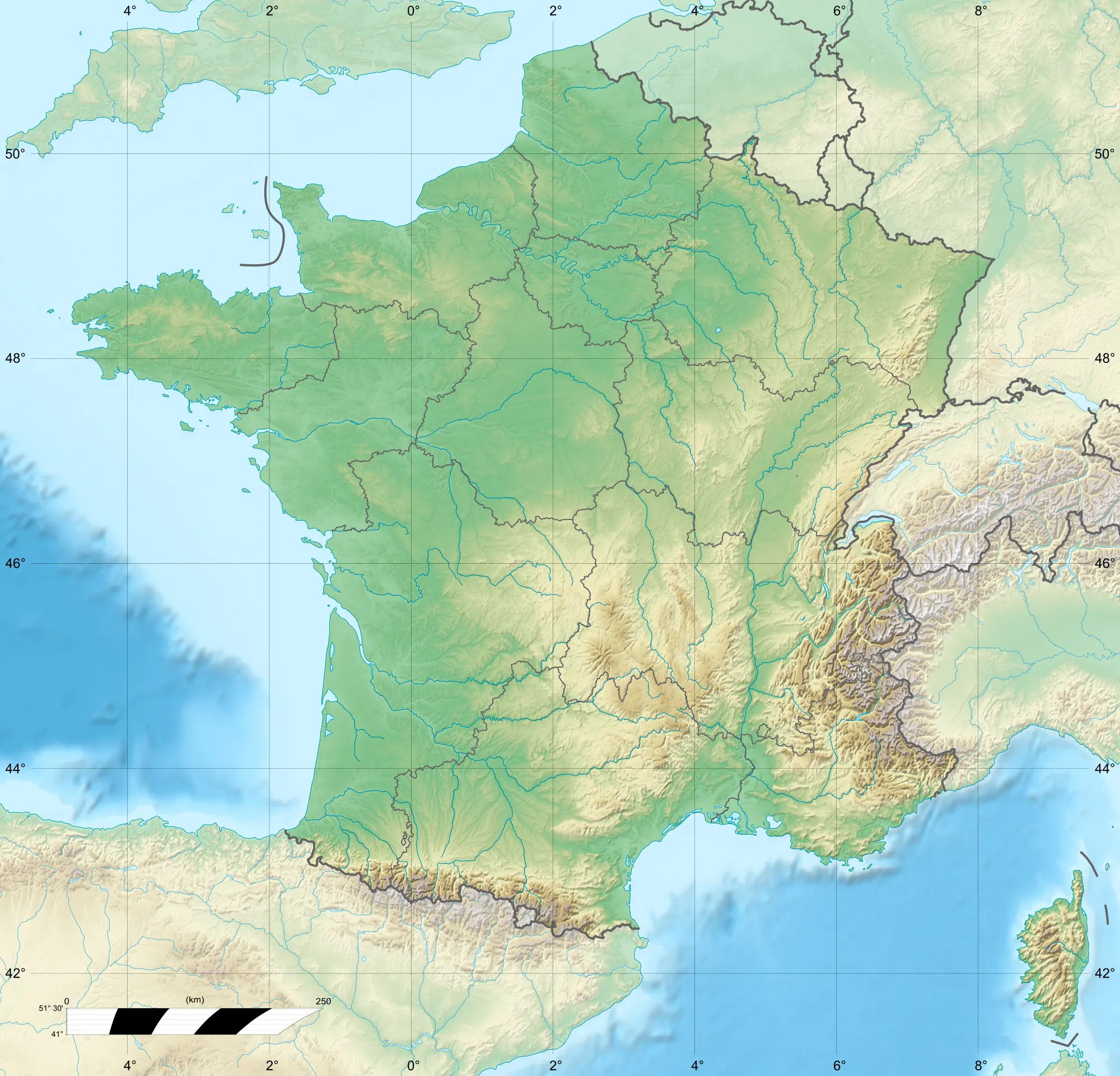 Photo showing: Blank physical map of metropolitan France for geo-location purpose. Scale : 1:14 816 000 (accuracy : about 3,7 km) for the bathymetry. More maps of France, view → Commons Atlas of France.