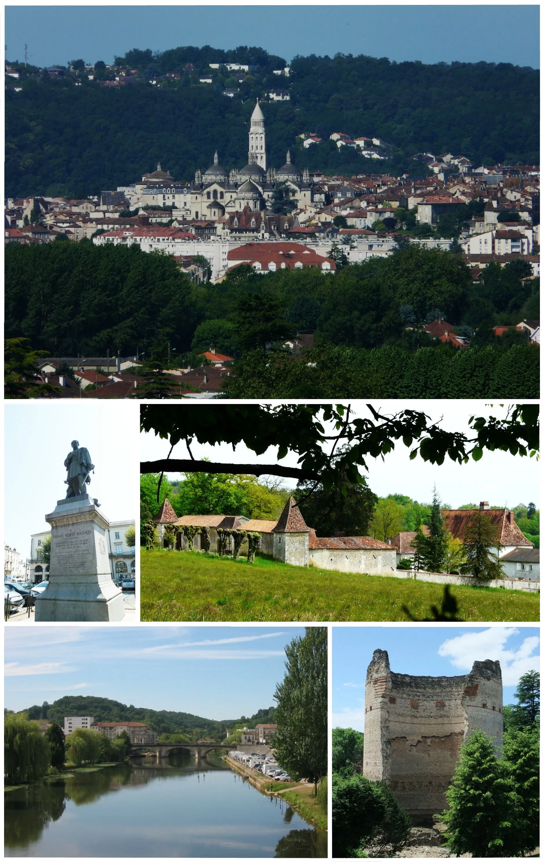 Photo showing: Dans le sens des aiguilles d'une montre à partir d'en bas à gauche : vallée de l'Isle ; statue de Bugeaud sur la place qui porte son nom ; vue générale de Périgueux depuis les hauteurs de Trélissac, avec en premier plan la cathédrale Saint-Front ; le  château de Barbadeau ; la Tour de Vésone près du musée Vesunna.