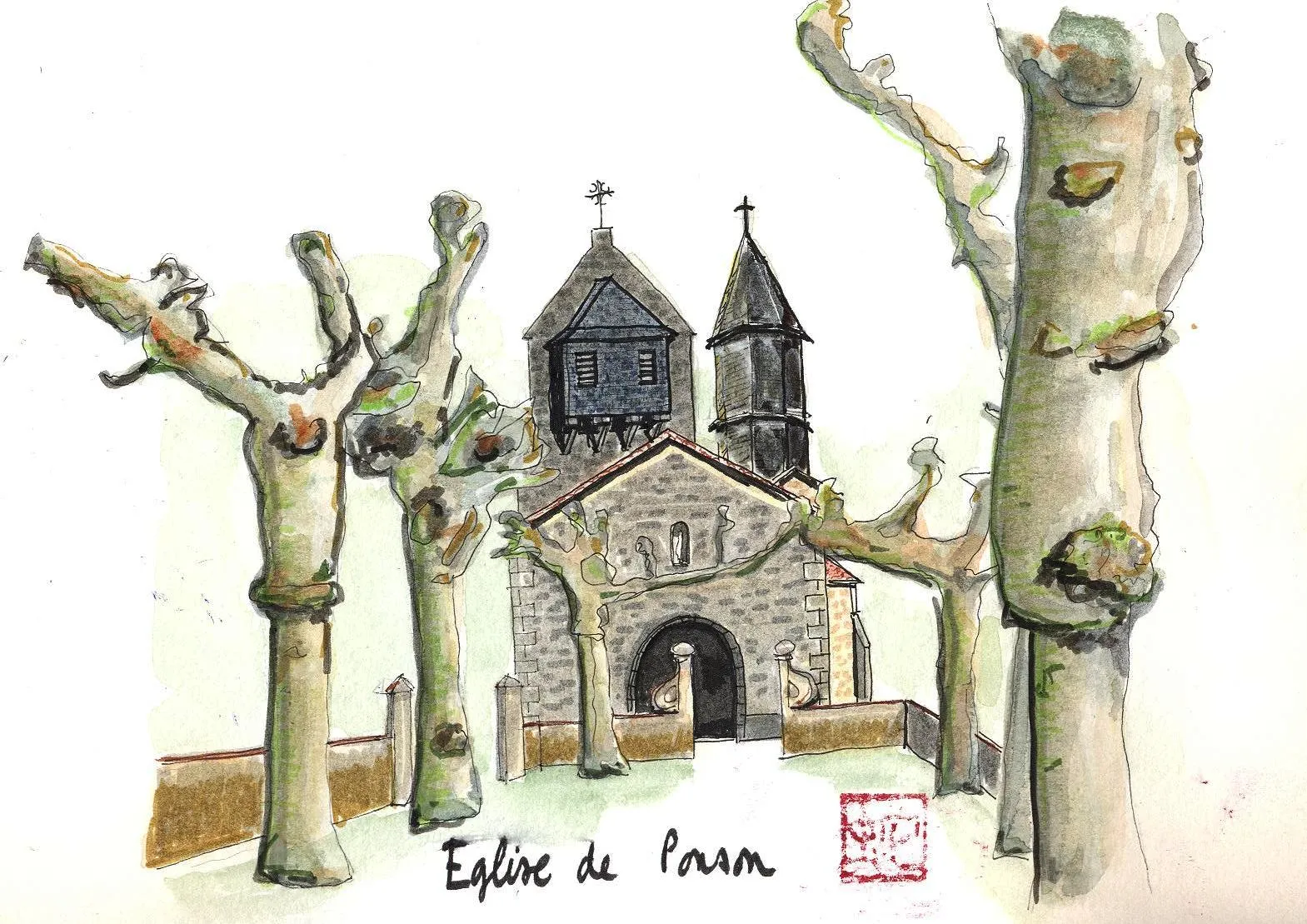 Photo showing: Aquarelle de l'église de Ponson sur la commune de Carcen-Ponson dans le département français des Landes.