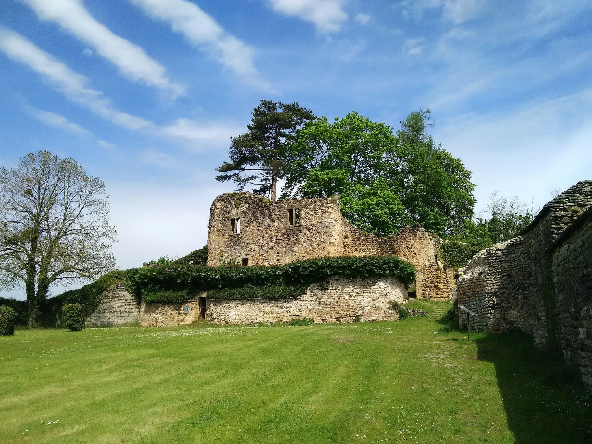 Photo showing: Vue prise depuis la basse-cour après avoir passé le châtelet, avec à droite les remparts et au fond le logis seigneurial et la haute cour. Les vestiges du château-fort ont été inscrits aux Monuments historiques le 17 juin 1993.