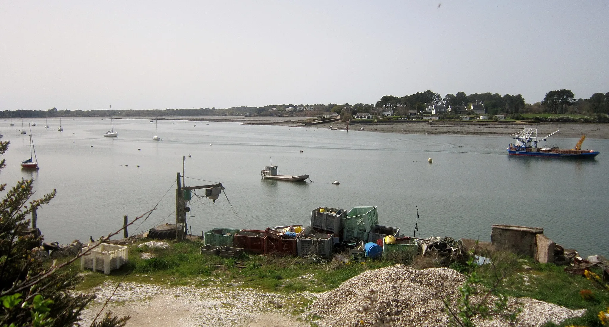 Photo showing: Baden (Morbihan) : ostréiculteur à Pointe Noire le long de la Rivière d'Auray ; à l'arrière-plan le hameau et port de Fort Espagnol en Crac'h.