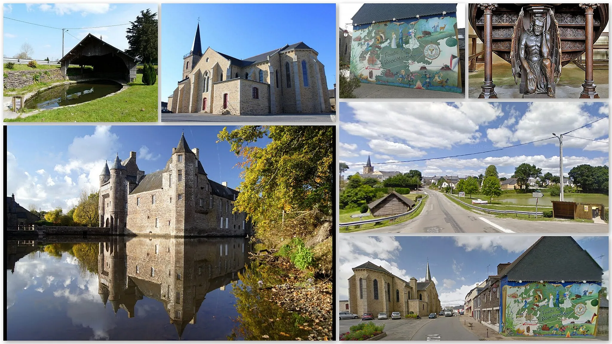 Photo showing: En haut de gauche à droite : ancien lavoir de la commune, l'église Notre-Dame, la fresque de Brocéliance, cuve de la chaire supportée par un démon agenouillé.
En bas à gauche: château de Trécesson.
En haut à droite : vue de la commune depuis la D134.

En bas à droite: vue de la commune depuis la rue nationale (D724)