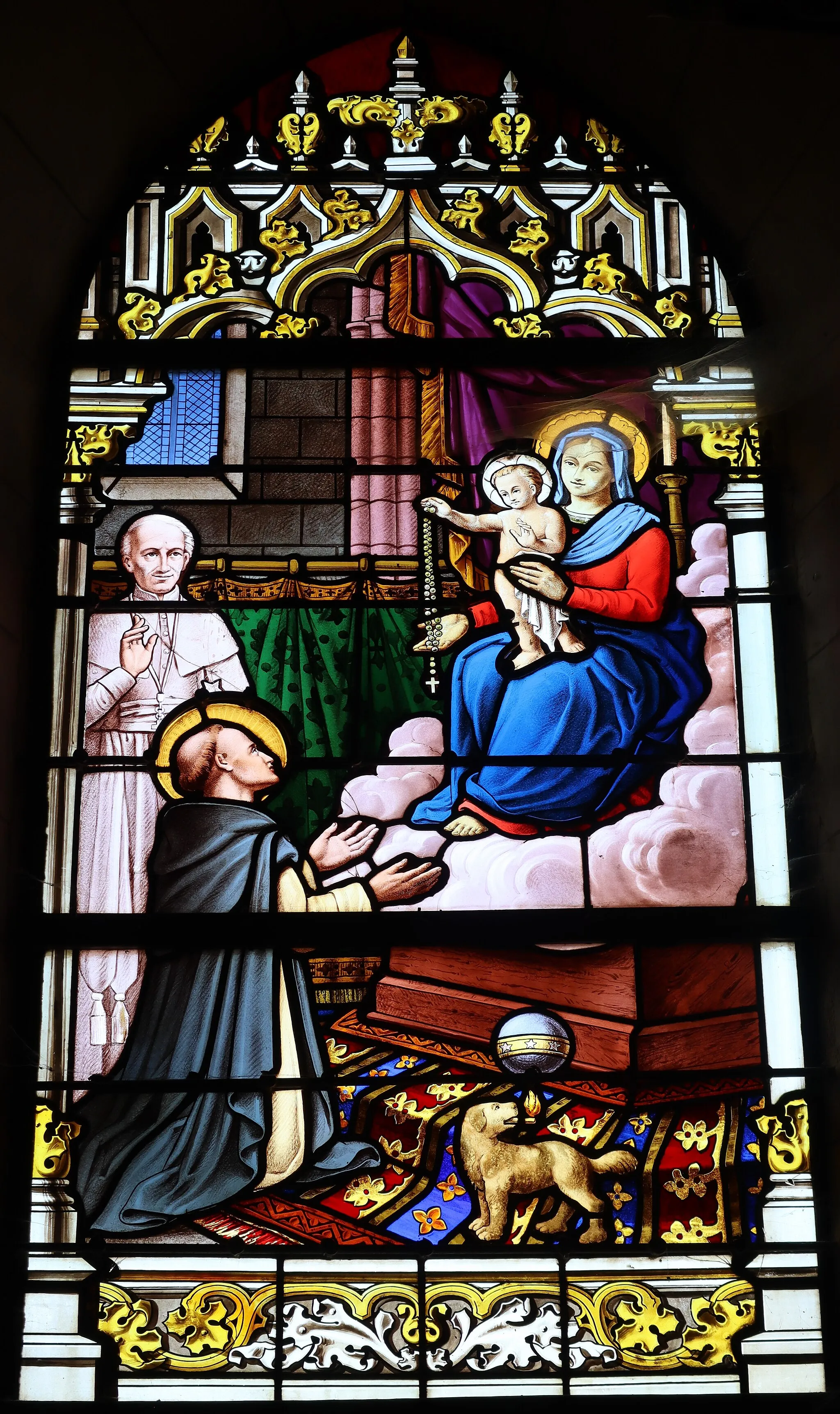 Photo showing: Baie 01 de l'église Saint-Melaine de Domalain (35). Donation du Rosaire à Saint-Dominique - Pape Léon XIII.