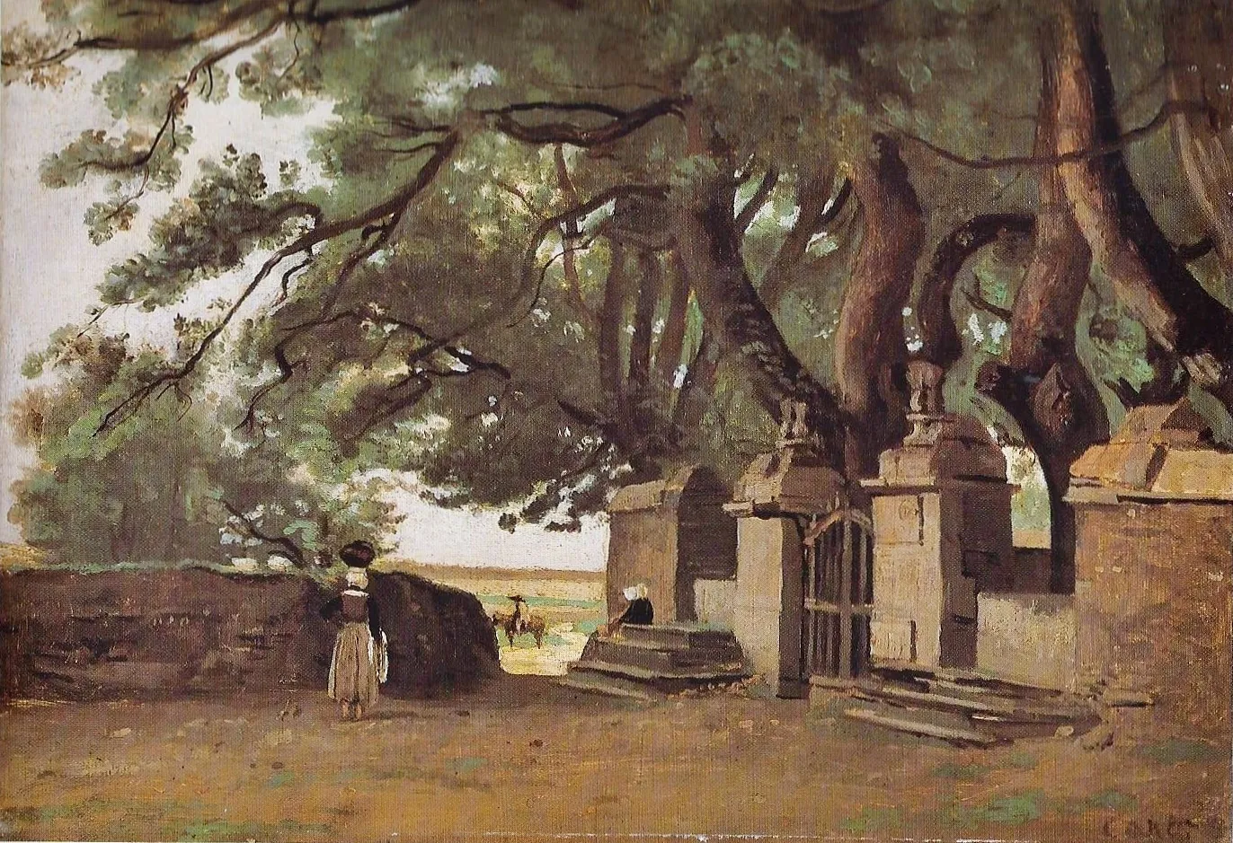 Photo showing: Camille Corot ː Le portail de l'enclos, chapelle Sainte-Suzanne à Mûr-de-Bretagne, vers 1840 (huile sur toile, Musée du Louvre).