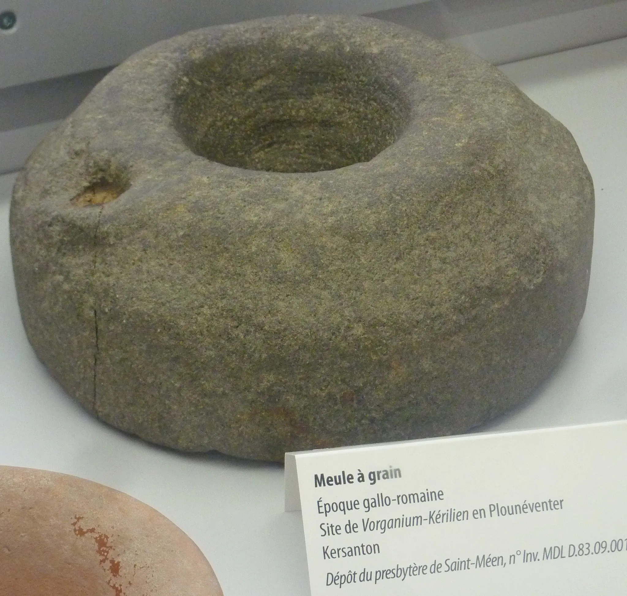 Photo showing: Meule à grain en pierre de kersanton provenant du site de Vorganium (Kerilien) en Plounéventer (époque gallo-romaine, musée du Léon de Lesneven).