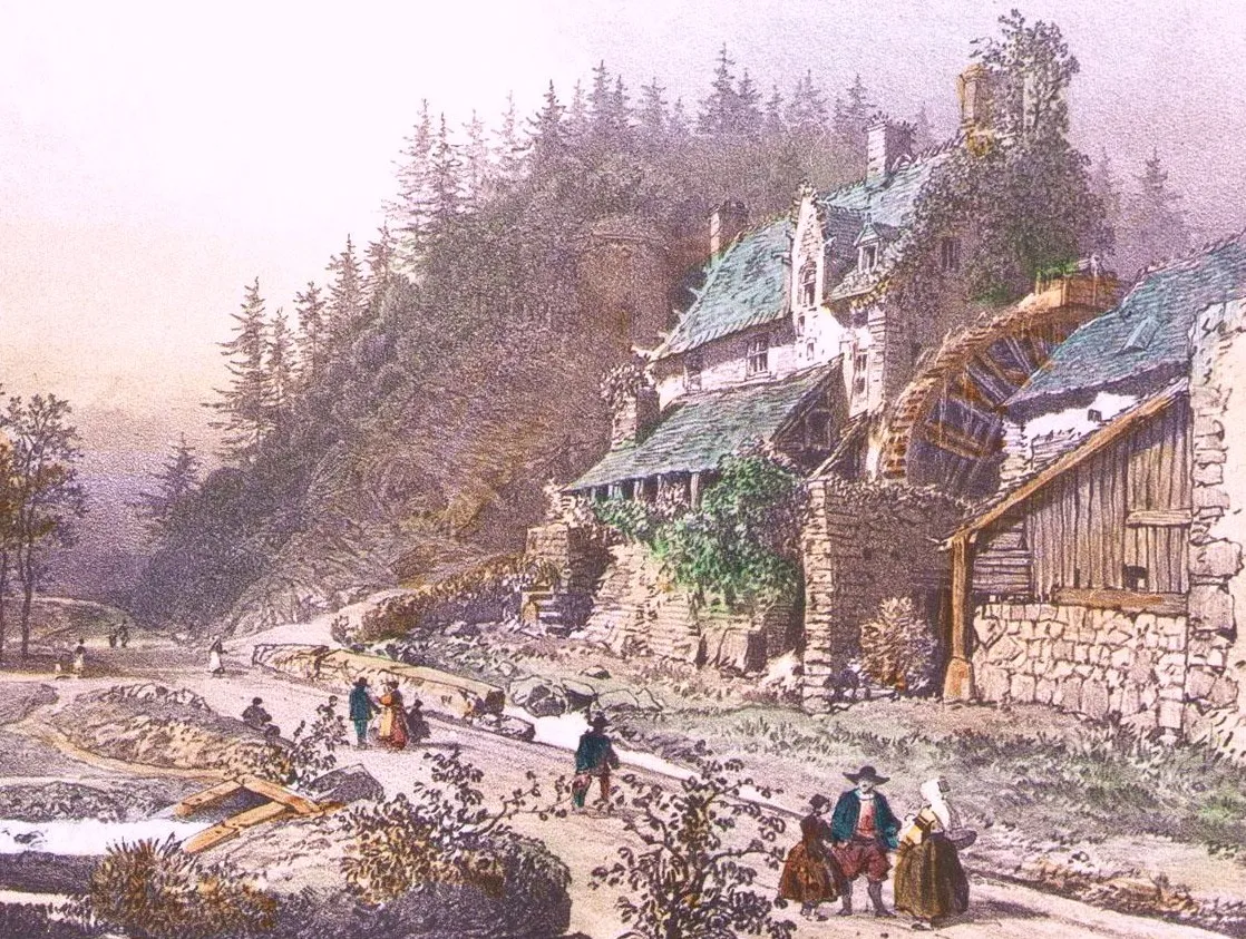 Photo showing: Plounéventer : le moulin de Brézal en 1868 (dessin de Félix Benoist)