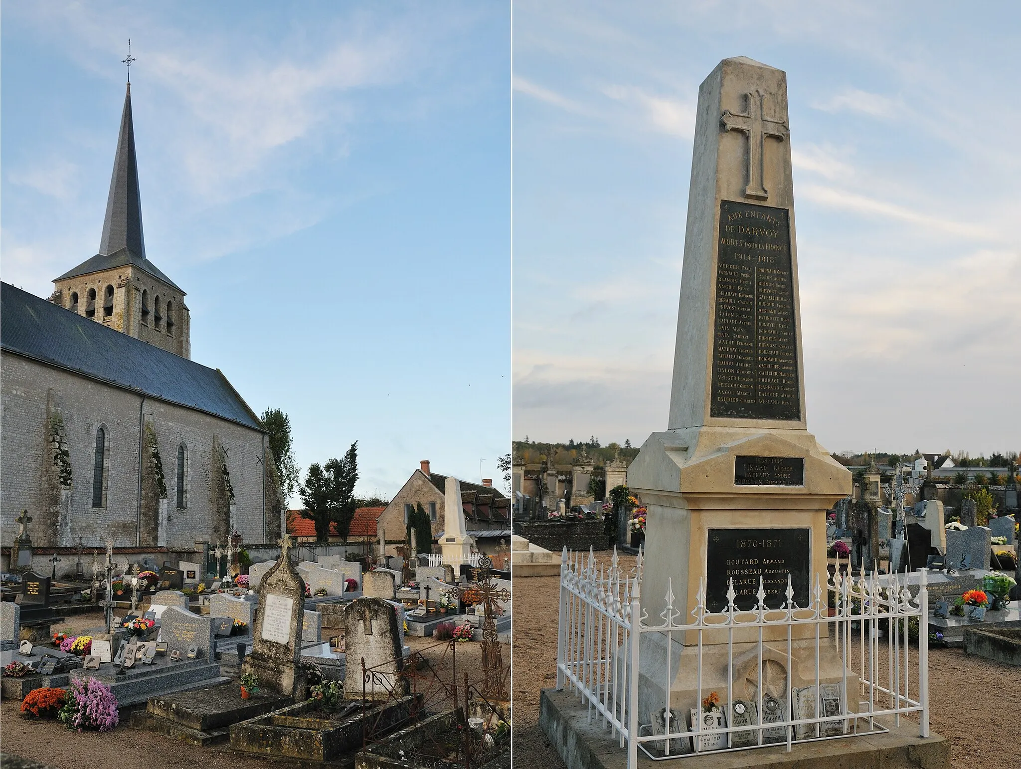 Photo showing: Assemblage de deux photos (église Saint-André et cimetière et monument aux morts et cimetière) de Darvoy, Loiret, France