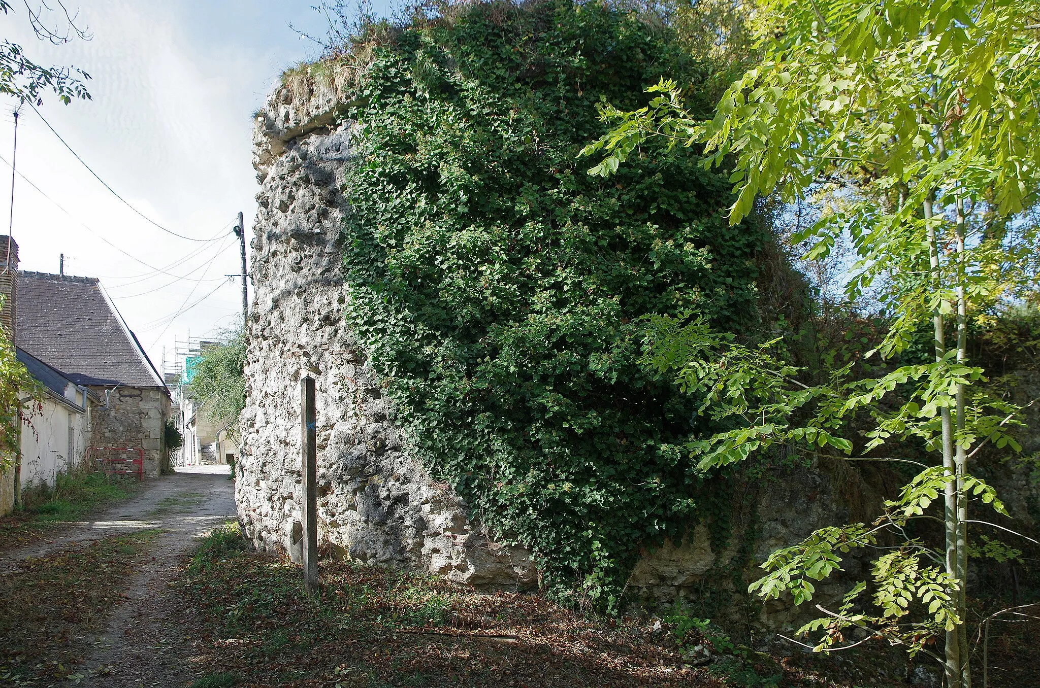 Photo showing: Larçay (Indre-et-Loire).
La tour cornière sud-est du castellum.

Le Castellum de Larçay.
Il s'agit d'une fortification militaire gallo-romaine du IIIe siècle, c'est à dire du Bas-Empire.
Le Castellum domine la vallée du Cher et le grand axe de communications de Bourges à Tours*.

Le Castellum est le fortin gallo-romain le mieux conservé de la région et sans doute du Nord de la Gaule. Les murs dont on voit encore les pierres de petit appareil* liées par du mortier, peuvent expliquer en partie cette conservation. Beaucoup d'édifices anciens ont été détruits non seulement par le temps, mais aussi par les populations qui utilisaient ces édifices comme carrières de pierres prètes à l'emploi. Le petit appareil ne pouvant livrer que des moellons de piètre qualité après de gros efforts pour les libérer du mortier, a pu dissuader la récupération donc la destruction de l'édifice.
Les 21 monnaies récoltées à l'intérieur du fortin s'échelonnent entre 120 et 320 après J.C...
Un bâtiment découvert au nord-est du castellum et plusieurs fosses et sépultures à l'intérieur, attestent d'une réutilisation du site de la période mérovingienne jusqu'au XVe siècle.
Le Castellum est un quadrilatère d'environ 80 m sur 70 m. Il est possible qu'il n'y eut jamais de muraille du côté nord, côté vallée.
A proximité, au sud-est du Castellum, se trouvait une grande villa* romaine dont les vestiges ont totalement disparus lors de la construction d'un lotissement dans les années 1970. L'examen de fragments de céramiques récupérés en 1975 confirme une occupation au IIe siècle. Des éléments d'édifices antérieurs, des tronçons de colonnes par exemple,  ont été utilisé à certains endroits dans les fondements du castellum, celui-ci est donc bien postérieur à la villa.

Route de Bourges (Avaricum), capitale des Bituriges, à Tours (Caesarodunum), capitale des Turones, par deux stations intermédiaires (Mansiones), Gièvres/Chabris (Gabris) et Thésée/Pouillé(Tasciaca). "petit appareil", maçonnerie utilisant de petites pierres (8 à 16 cm.) La villa rustica était avec l'ensemble des bâtiments destinée à l'exploitation d'un domaine agricole. www.ville-larcay.fr/larcay/tourisme/le-castellum

fr.wikipedia.org/wiki/Castellum_de_Lar%C3%A7ay