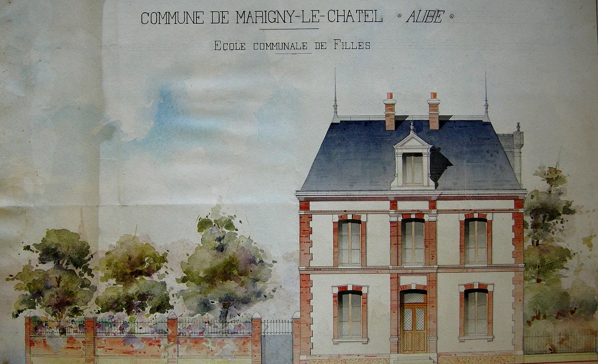 Photo showing: Aquarelle du projet de l'école de Marigny. D'autres plans de l'école datent de 1885.