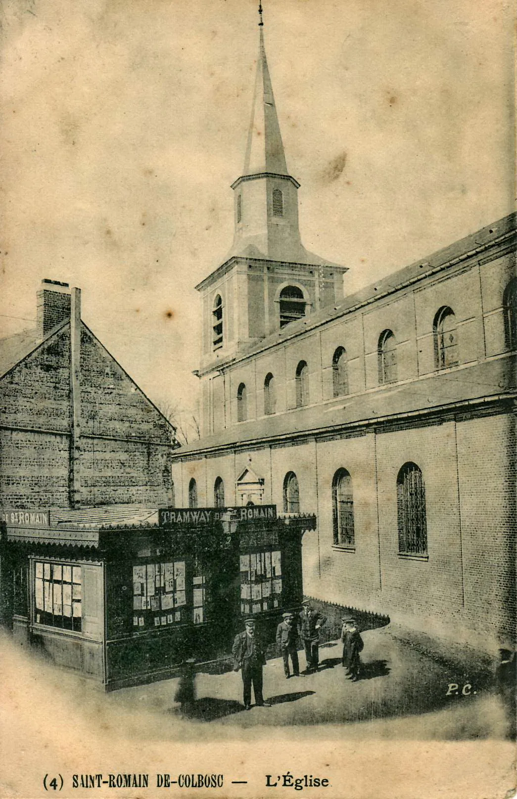 Photo showing: Carte postale ancienne éditée par P. C. n°4 SAINT-ROMAIN-DE-COLBOSC - L'église Vue en gros plan du kiosque de la station terminale du Tramway de Saint-Romain-de-Colbosc