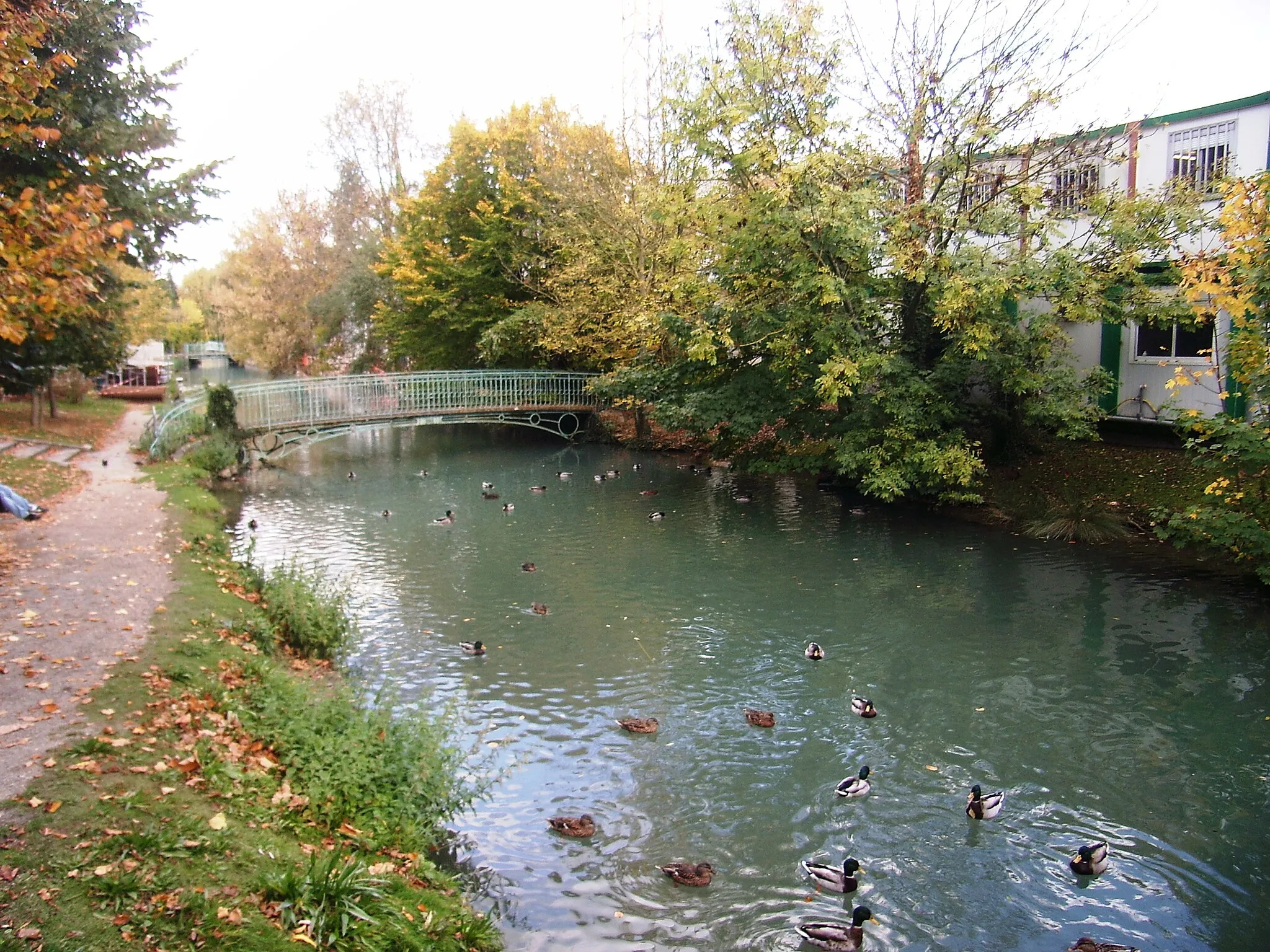 Photo showing: The Essonne at La Ferté-Alais. This stream's arm is a canal in T, in part underground to avoid the city centrum.