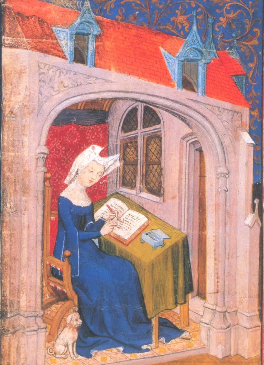 Photo showing: Christine de Pisan
Cette oeuvre est issue de http://courses.ats.rochester.edu/hahn/ENG206/01pisan.html, issue de Andrea Hopkins, Six Medieval Women, p. 108. L'oeuvre originale est dans le domaine public vu son âge. Il peut figurer sur wikipedia, conformément à la politique wiki en matière de peinture, telle qu'elle figure sur http://en.wikipedia.org/wiki/Public_domain_image_resources : "Accurate photographs of paintings lack expressive content and are automatically in the public domain once the painting's copyright has expired (which it has in the US if it was published before 1923). All other copyright notices can safely be ignored." Cette position, qui résulte du jugement Bridgeman -v- Corel, n'est pas contraire au droit d'auteur français, s'agissant de photographies de tableaux dépourvues d'originalité au sens du code de la propriété intellectuelle.
infos: Christine de Pizan, Collected Works (1407), BL, MS Harley 4431, fol. 004r: Christine writing her own book, in her own room, within the conventionalized architecture of a house, holding scraper / eraser in left hand and pen in right, with her dog at her feet.  Andrea Hopkins, Six Medieval Women, p. 108.

fr:Catégorie:Image provenant d'un manuscrit médiéval