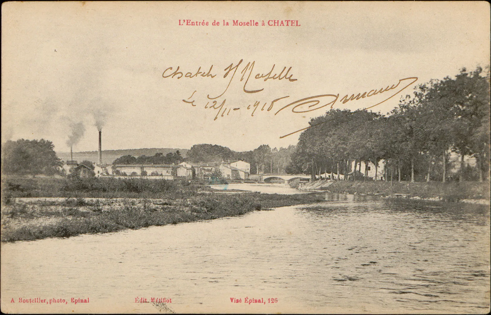 Photo showing: Carte postale n°126  Carte postale représentant l'entrée de la Moselle à Châtel