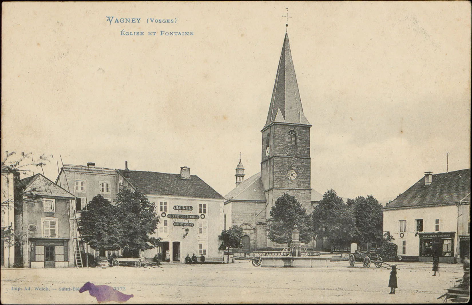 Photo showing: Carte postale n°3372  Carte postale représentant l'église et la fontaine à Vagney