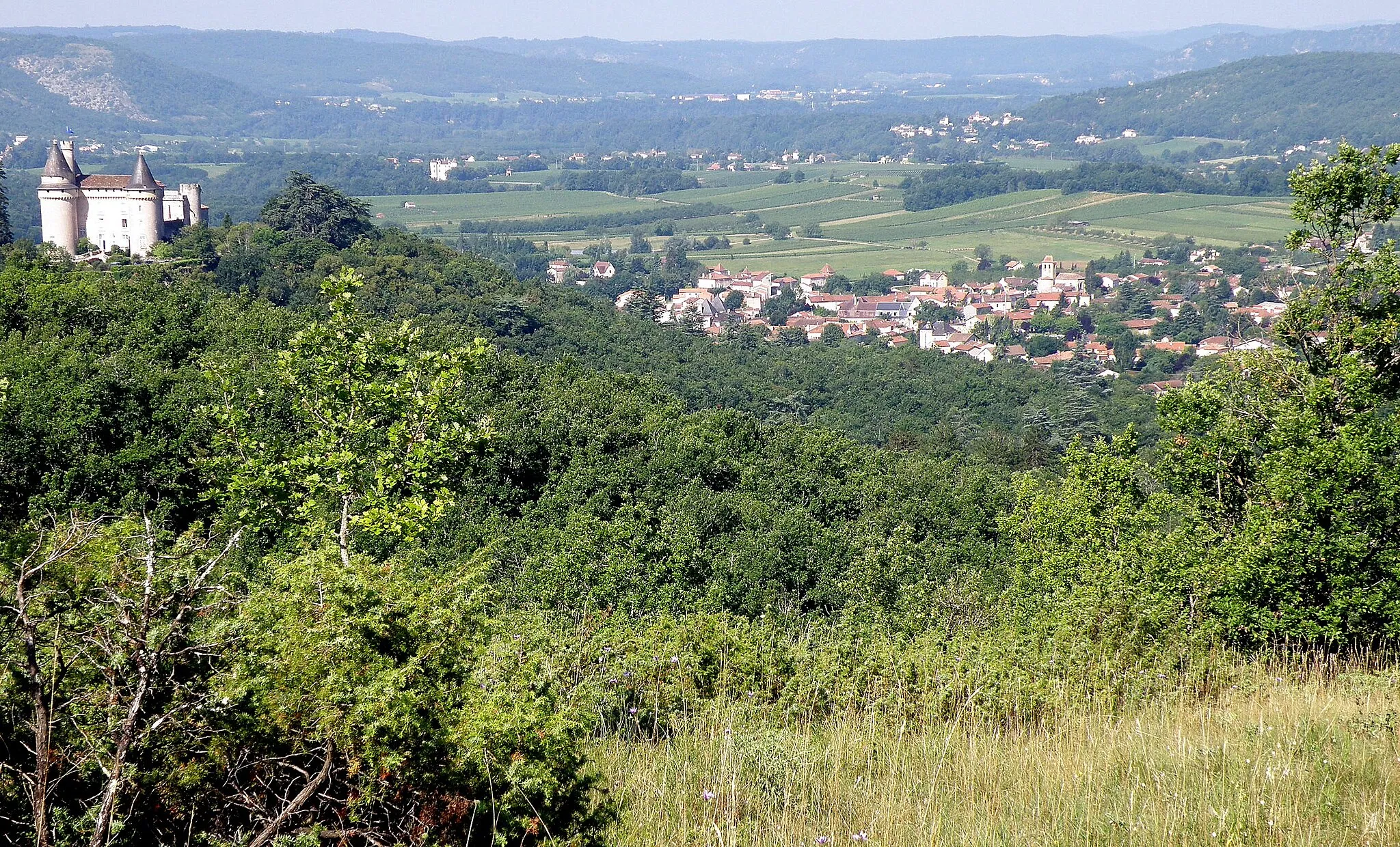 Photo showing: Vue générale de Mercuès, commune et village du dép. du Lot (région Midi-Pyrénées, France), situés sur le Lot à huit km env. au nord-ouest (et en aval) de Cahors. Photographie prise depuis les hauteurs sises à l'est-nord-est du village. On aperçoit : à gauche, le château de Mercuès (façade est) ; à droite, le village de Mercuès, dont émerge le clocher de son église ; plus éloigné, dans la plaine à gauche, parmi les vignes (vin de Cahors), le château de Lagrézette (comm. de Caillac). Coup d’œil vers l’ouest-sud-ouest.