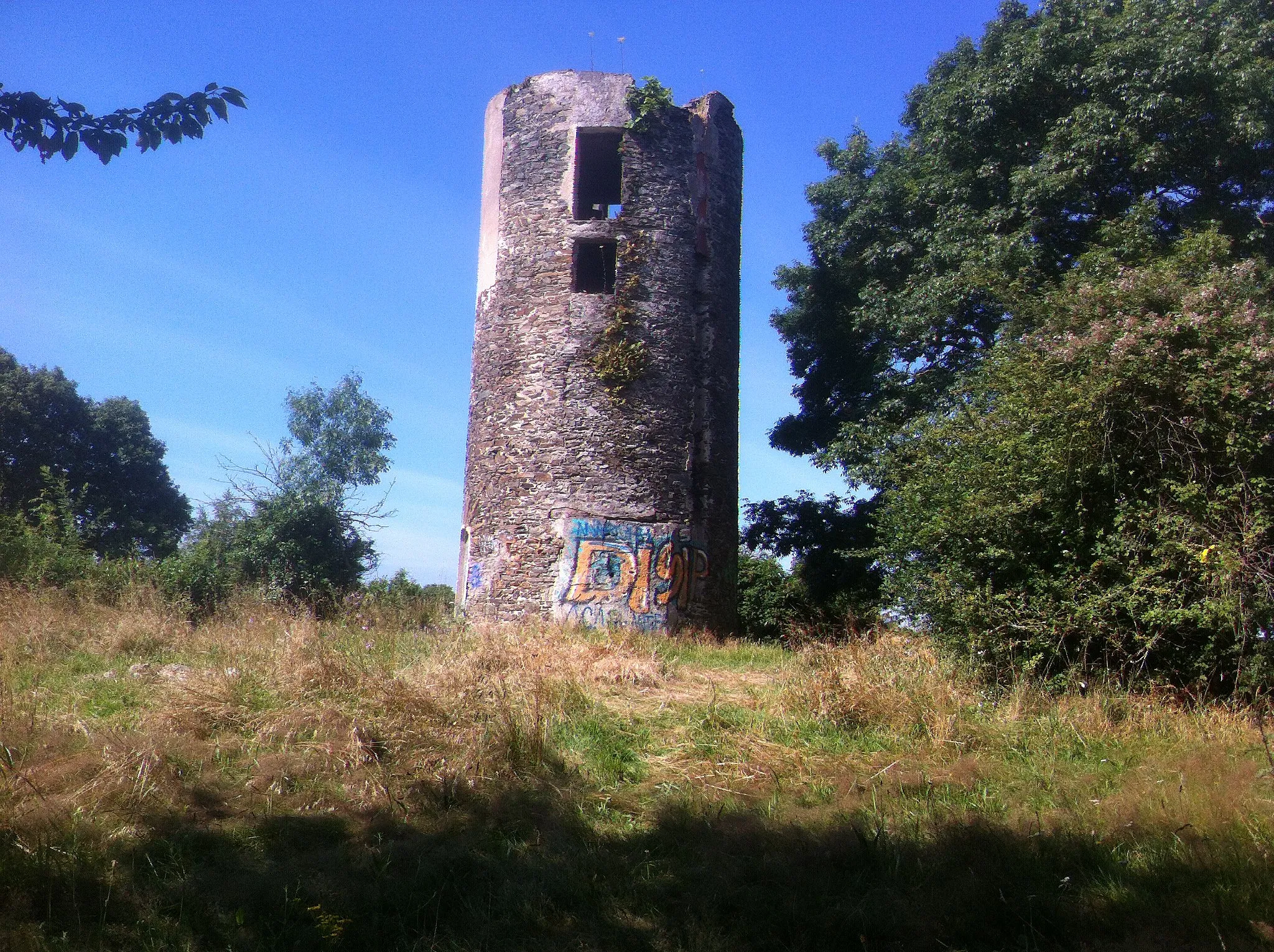 Photo showing: Le moulin Tour du Chêne est le seul moulin à vent de ce type dans un rayon de 30 km autour de Nantes. Il est situé sur le Coteau rocheux du village du Chêne. Ce Coteau est constitué de Gneiss, et de pierres polymorphiques typiques du massif armoricain. De ce site s'offre une vue panoramique exceptionnelle sur la rivière, le bourg de Vertou, et les alentours. Ce Coteau d'environ 2 hectares est un ancien commun de village, aujourd'hui propriété de la commune.