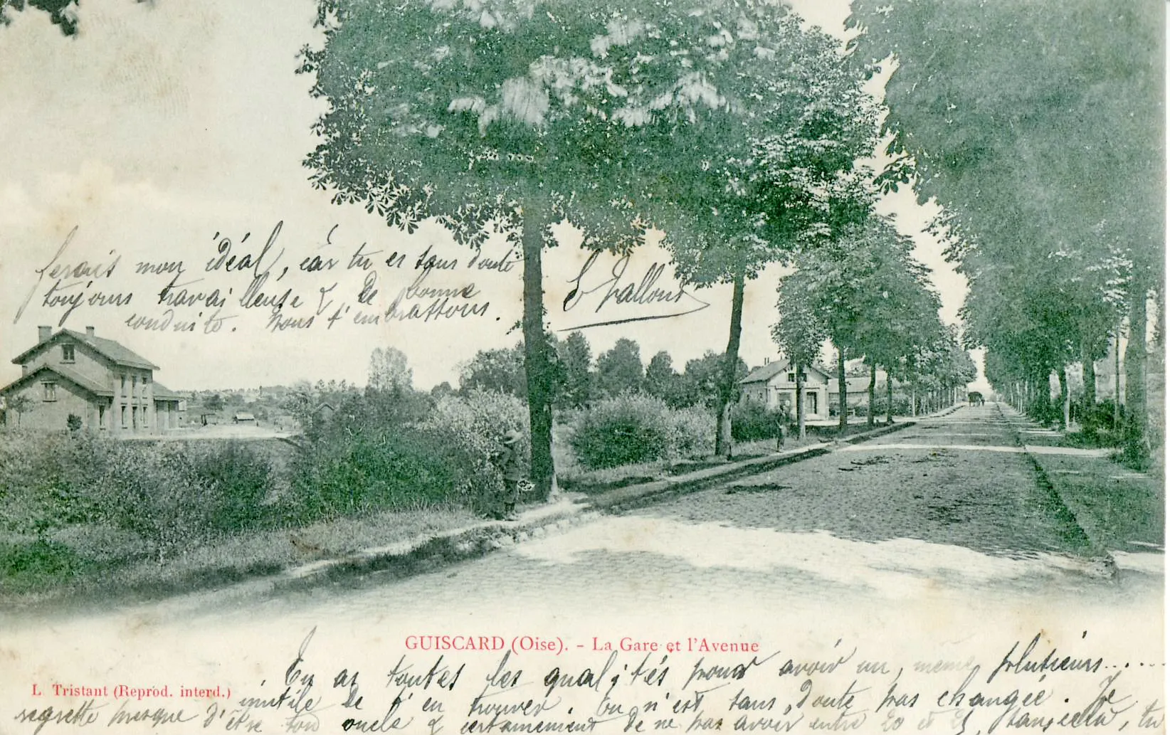 Photo showing: Carte postale ancienne éditée par L. Tristant GUISCARD (Oise) : la Gare et l'Avenue
