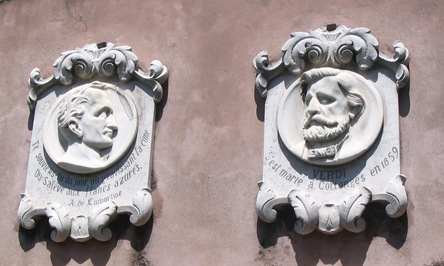 Photo showing: Plaque commémorative à Collonges-sous-Salève, du mariage de Giuseppe Verdi avec la cantatrice Giuseppina Strepponi , le 29 Août 1859 et plaque commémorative du séjour de Alphonse de Lamartine