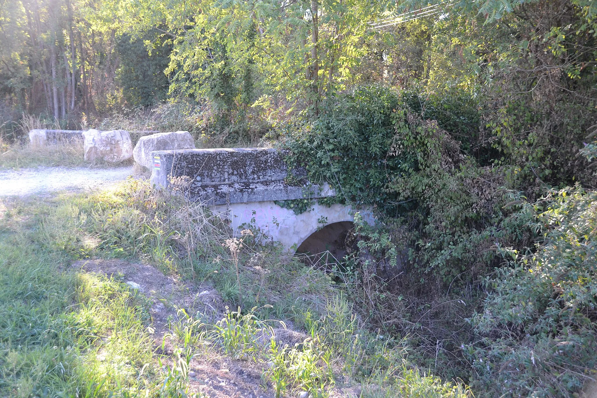 Photo showing: Petit pont (cote 176 sur carte IGN) sur le contre-canal de Jonage, près du pont d'Herbens (Meyzieu, Métropole de Lyon, France). Le chemin file vers la droite en direction des Allivoz.
