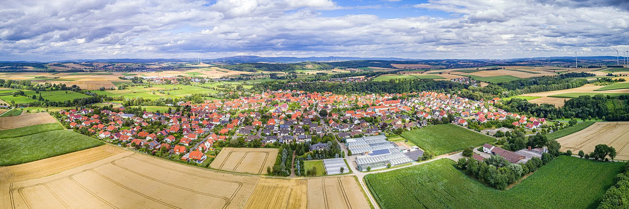 Photo showing: Fotografie des Ortes Bilshausen, Blickrichtung Osten, mit dem Rotenberg, im Hintergrund der Oberharz.