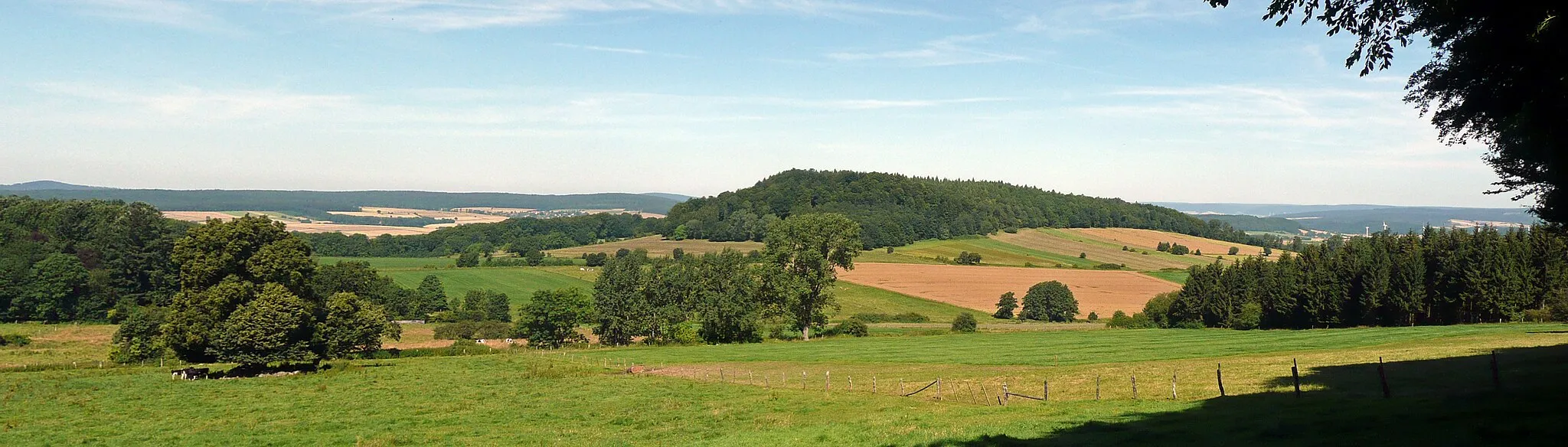 Photo showing: The Dransberg near Dransfeld seen from SE, Landkreis Göttingen, South Lower Saxony, Germany.