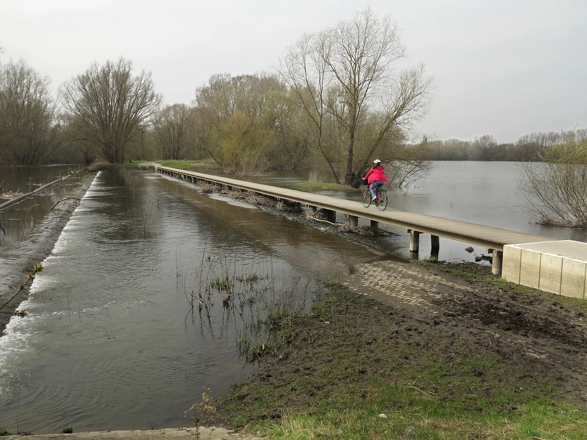 Photo showing: Braunschweig: die Überflutungsmulde am Ölper See bei Hochwasser. Das Wassert fließt von der Oker, links, über den Weg durch die Überflutungsmulde und unter dem Steg hindurch in den Ölper See, rechts.