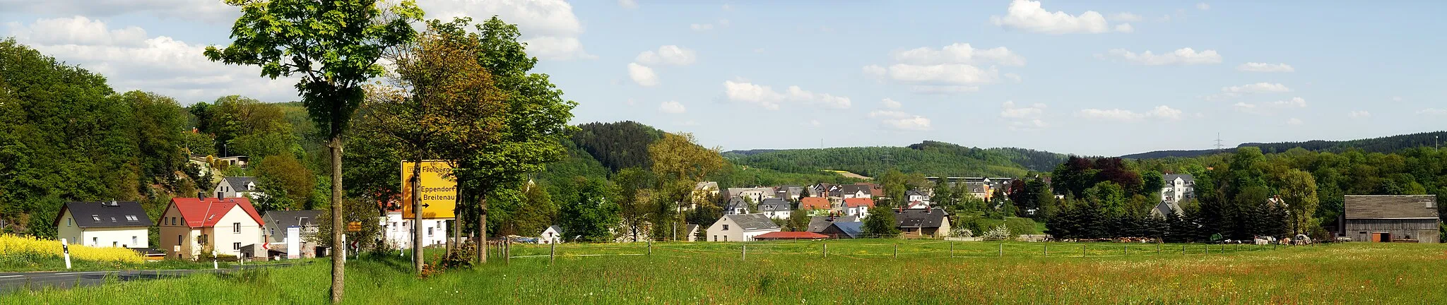 Photo showing: This image shows the town Falkenau, Germany seen from north-west. It is a three segment panoramic image.