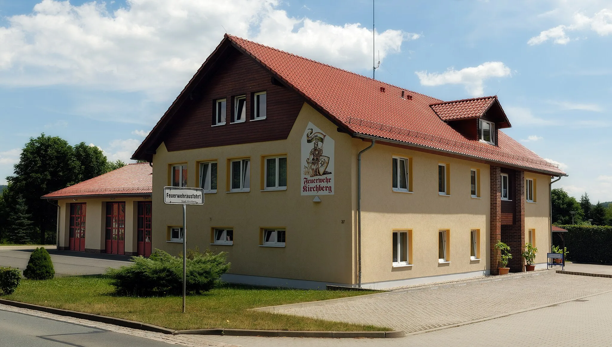 Photo showing: This image shows the fire department of Kirchberg, Saxony, Germany. It is a three segment panoramic image.