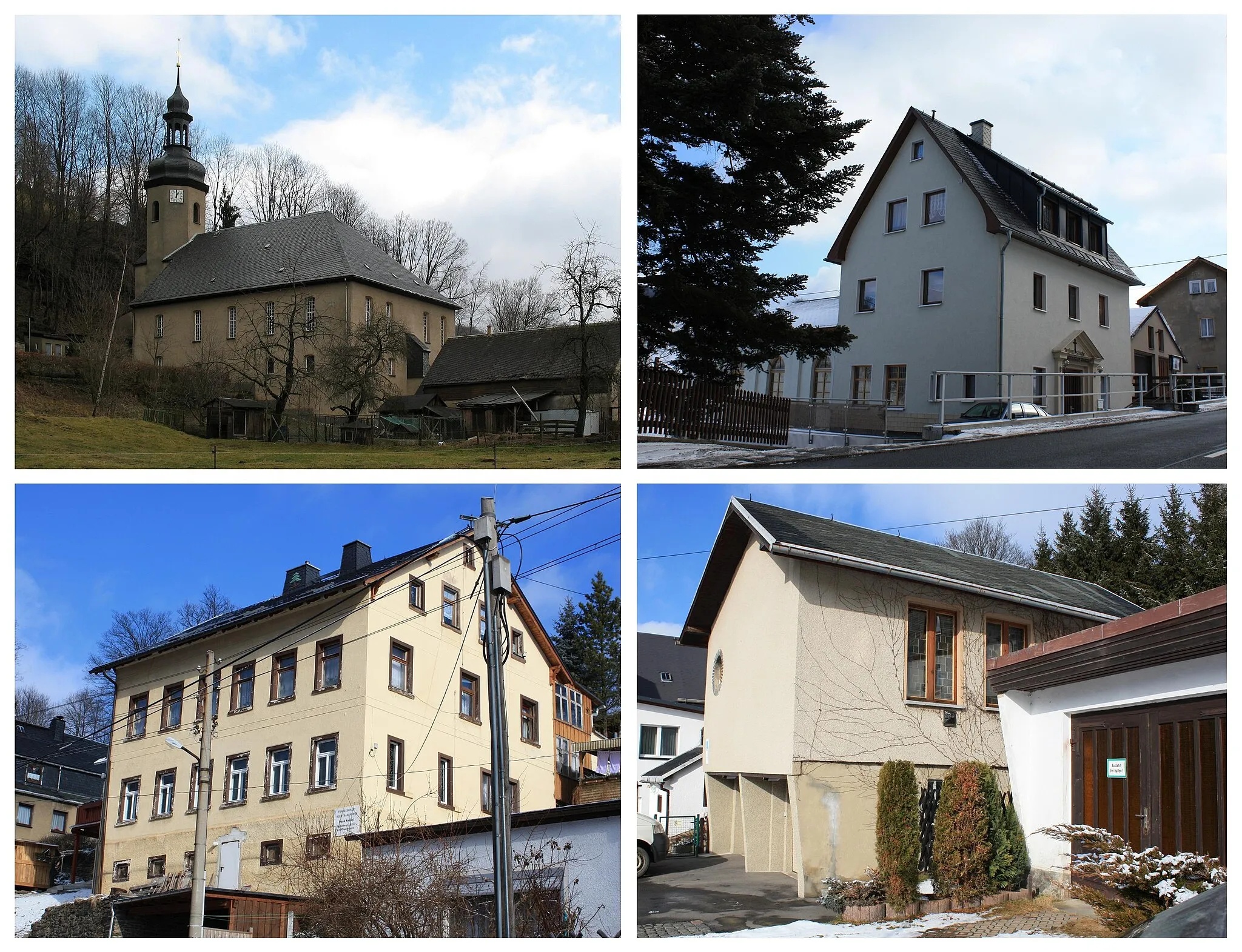 Photo showing: Church buildings in Rittersgrün, clockwise from upper left:
Lutheran church (consecrated in 1693)
Landeskirchliche Gemeinschaft parish hall (consecrated in 1924)
New Apostolic Church parish hall
Methodist Church parish hall