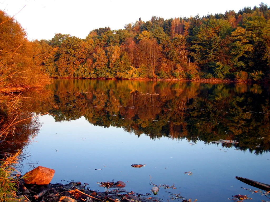 Photo showing: Autumn colours reflected in the tranquil waters of the Kinzigstausee (Kinzig dam) near Bad Soden-Salmünster in Hessen, Germany