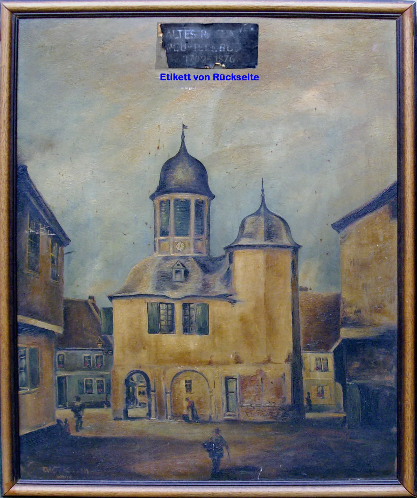 Photo showing: Old Oil Painting from 1911 of the Old Town Hall Neu-Isenburg 1702-1876
Painting Private Property of the Photographer Wolfgang Strieder