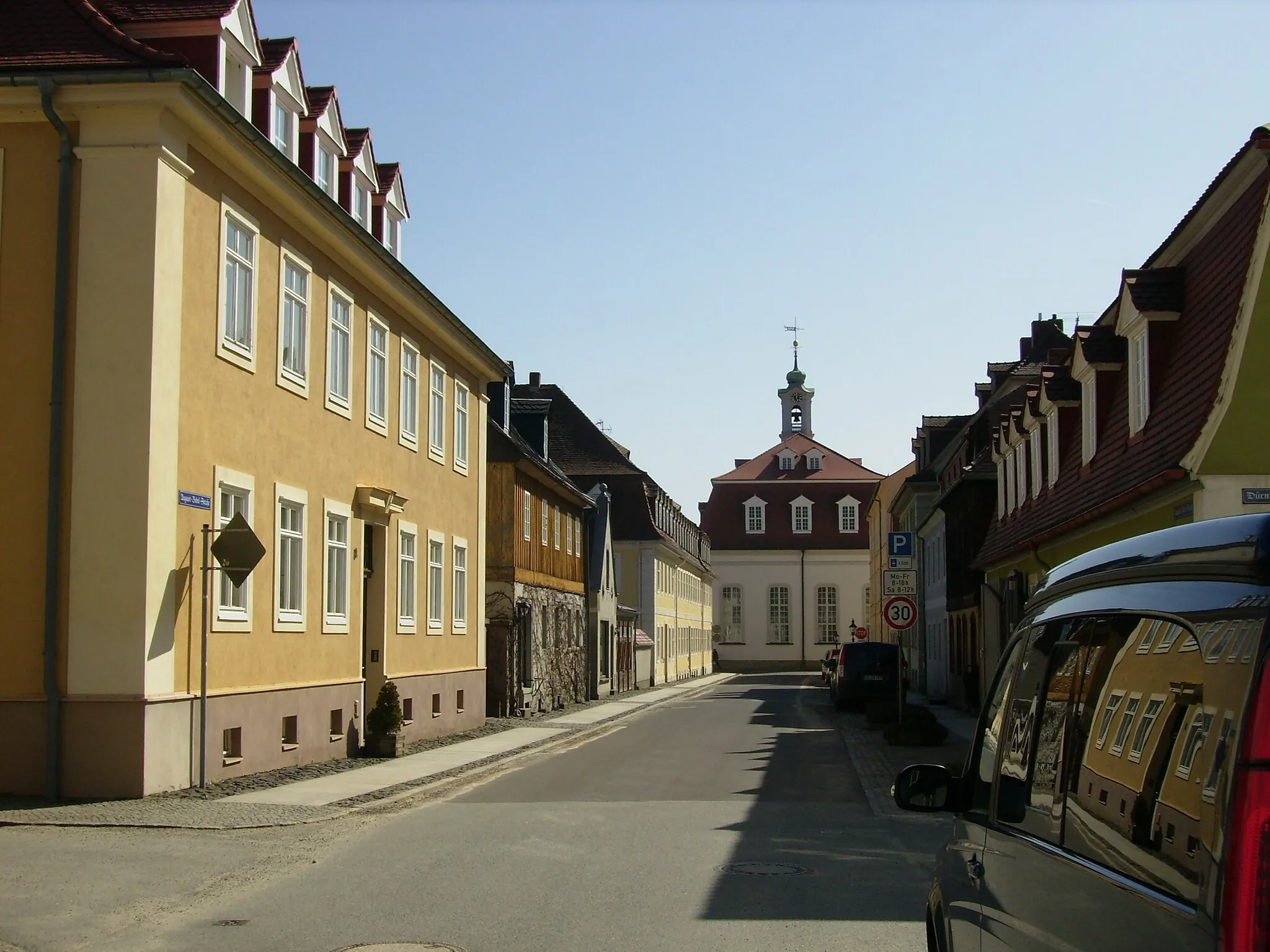 Photo showing: View looking toward Moravian Church on August-Bebel-Str, Herrnhut, Sachsen, Germany.